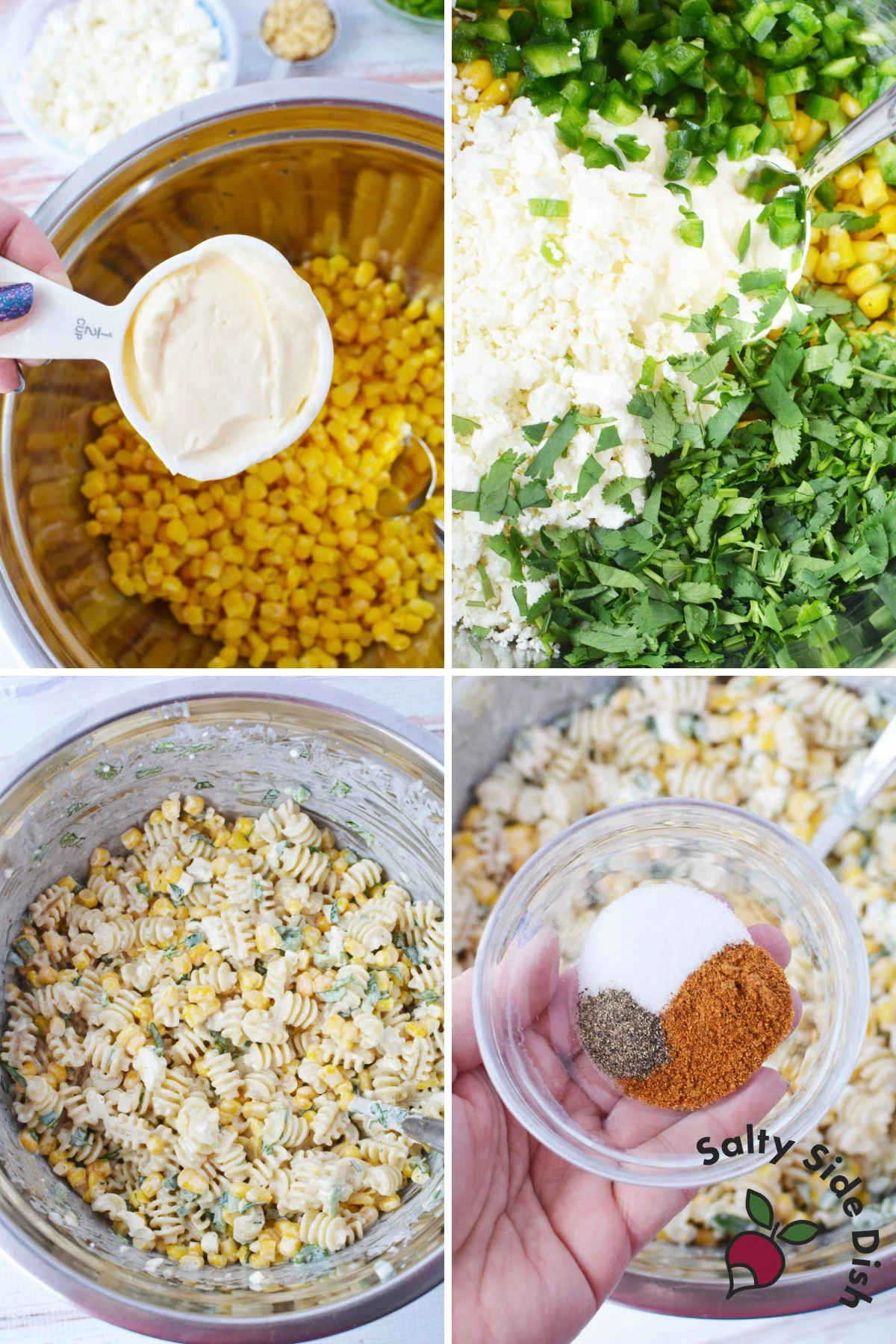 step by step assembling of corn pasta salad.