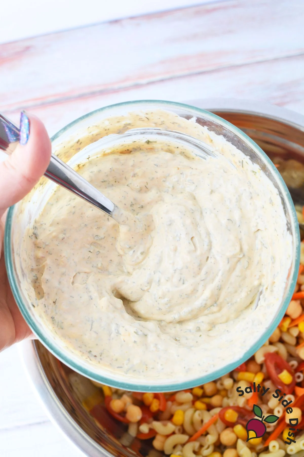 bbq ranch dressing in a glass bowl.