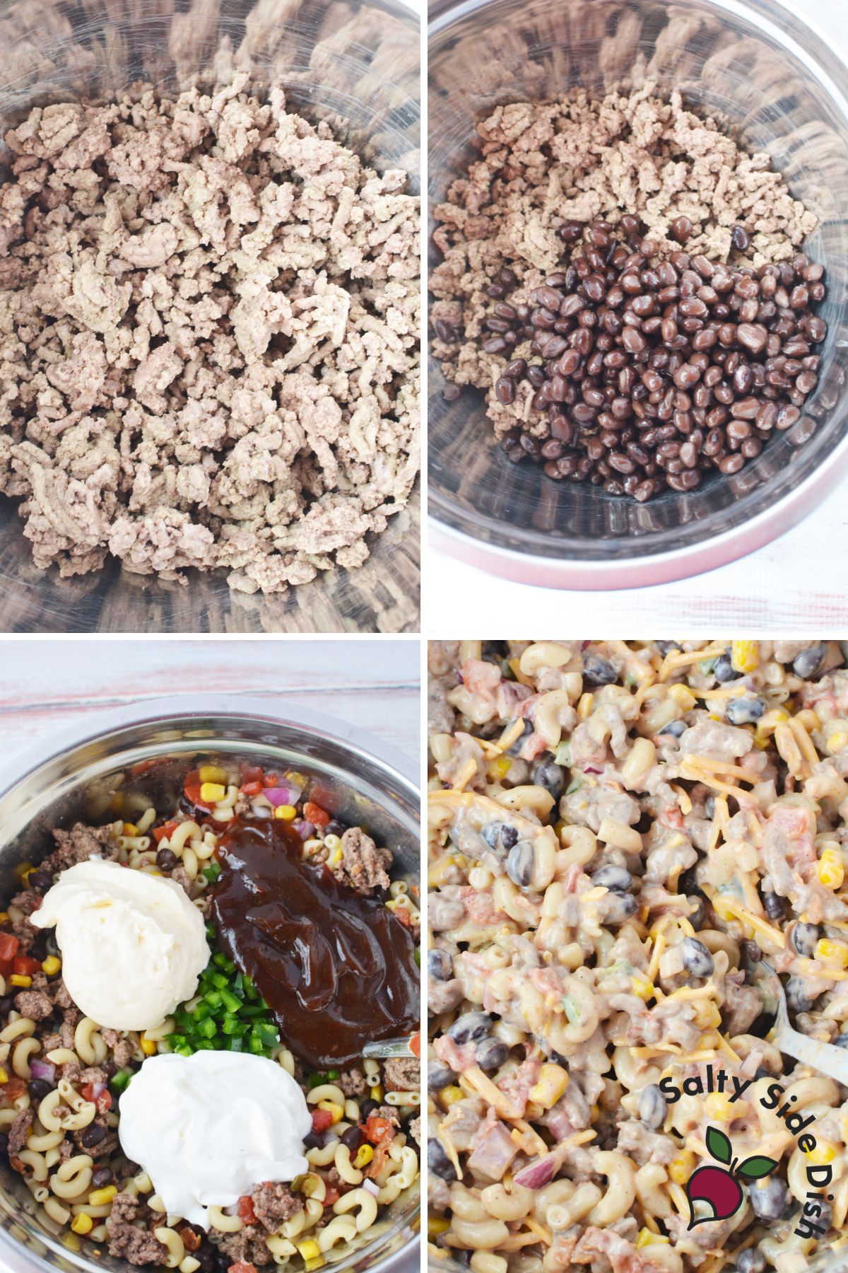 Mixing the pasta, meat, beans, and corn in a large bowl.