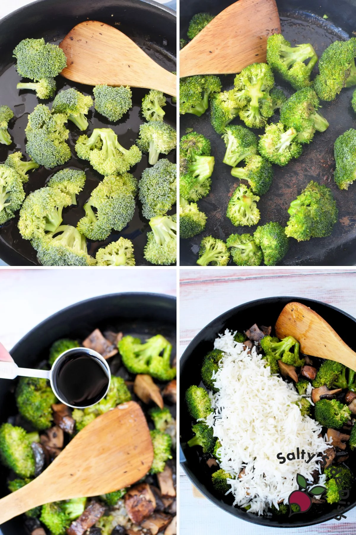 adding broccoli and rice inside cast iron pan.
