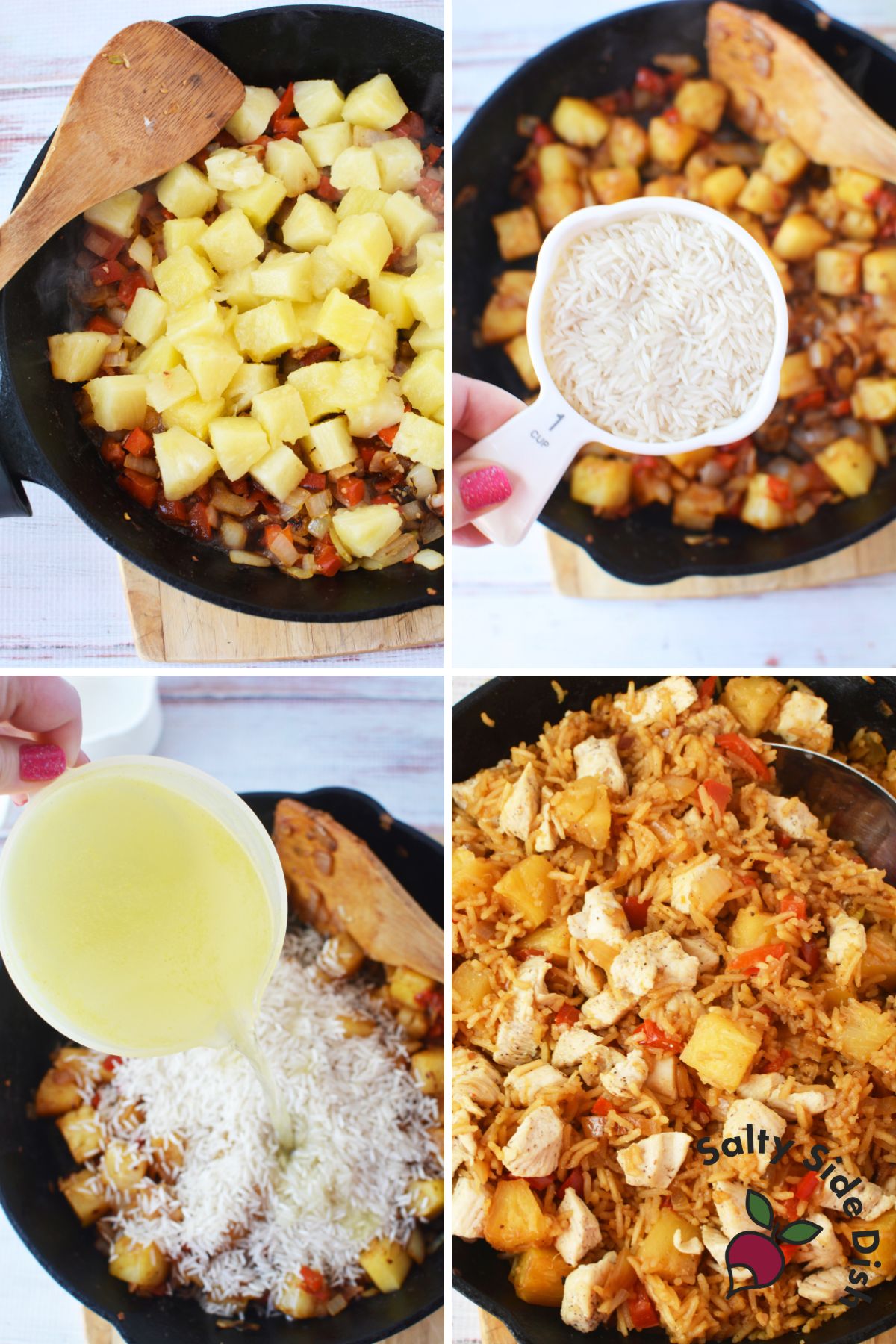 raw ingredients for pineapple chicken fried rice including chicken breast, red bell pepper, garlic, onion, rice, chicken broth, and soy sauce.