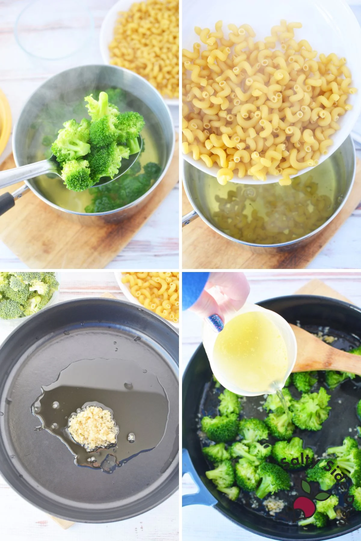 collage of broccoli, cavatelli pasta, and being combined into sauce.