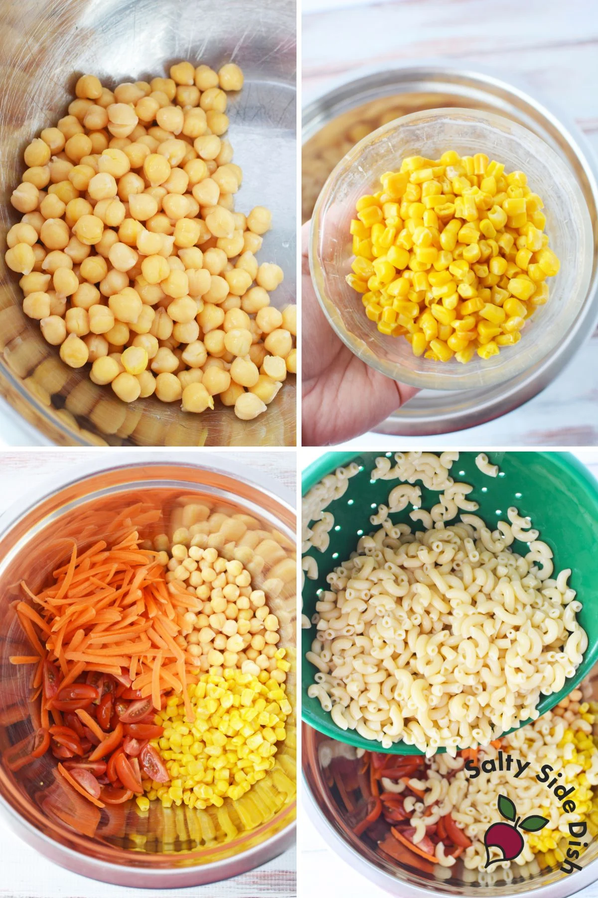 ingredients for pasta salad being added to a bowl.