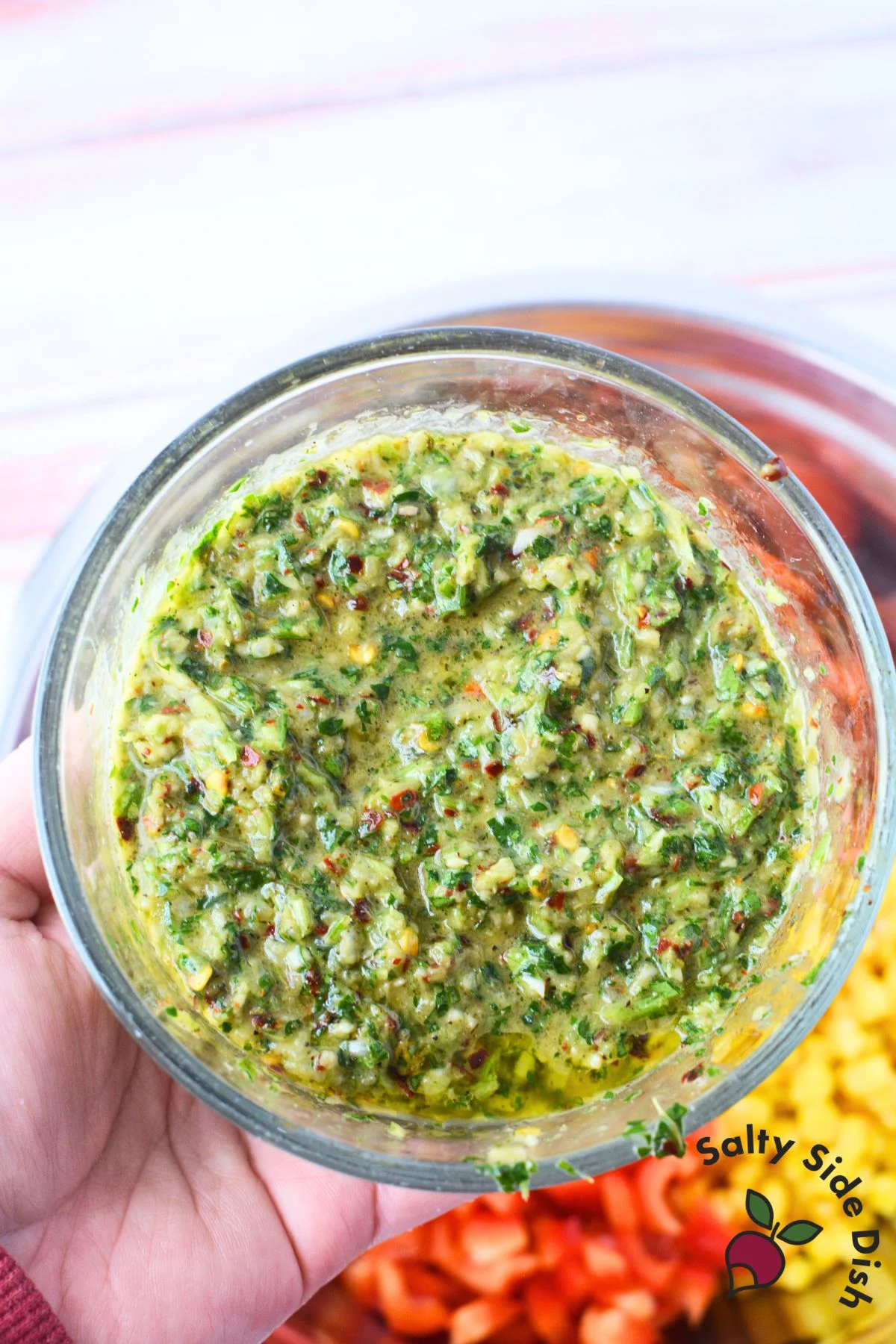 clear glass bowl with homemade chimichurri sauce.