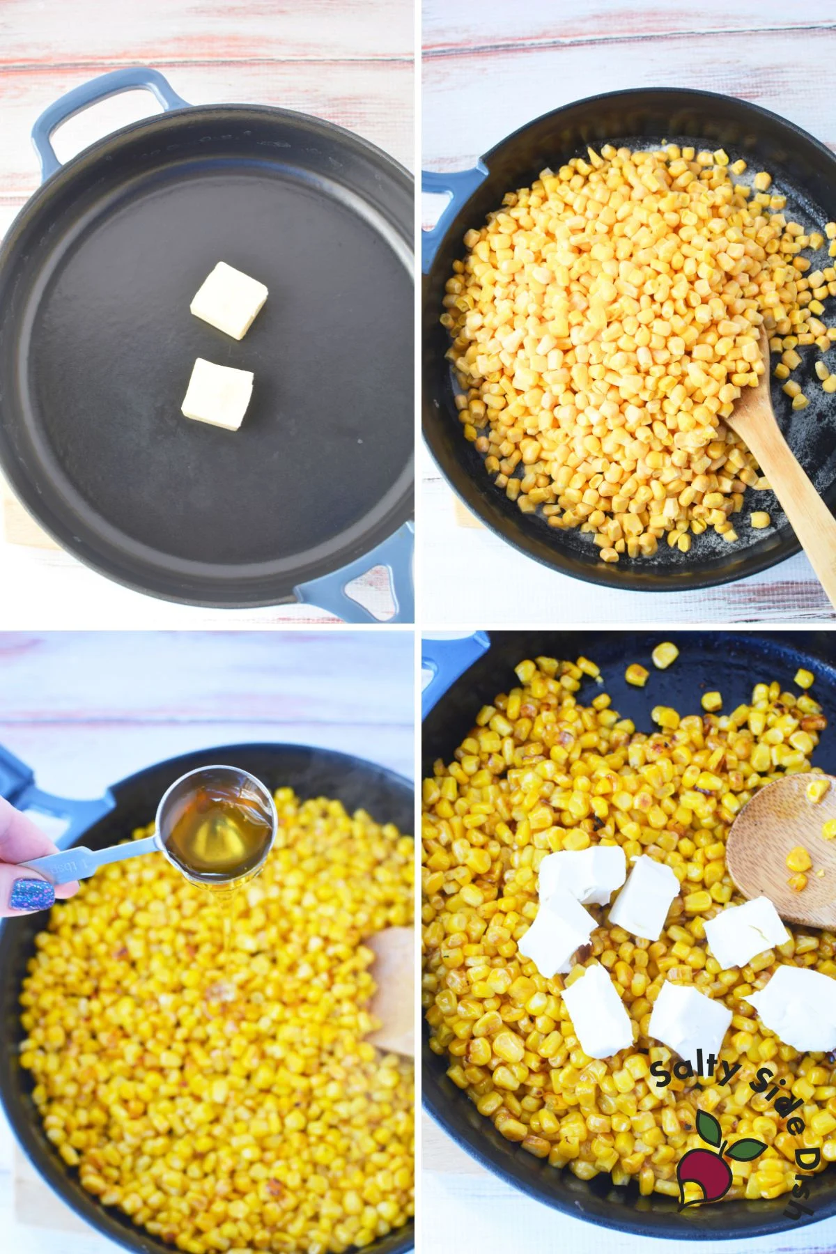 4 images showing the order to add ingredients into the skillet.