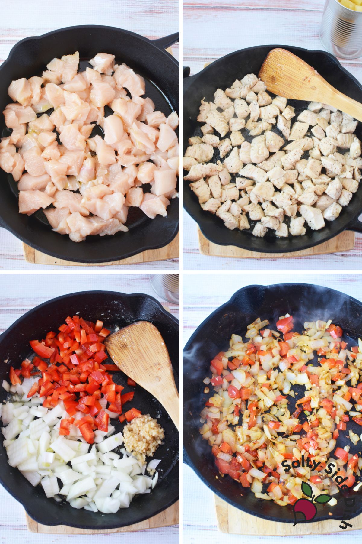 Collage image of prepped ingredients in cast iron pan of cubed chicken, chopped vegetables, spices, broth, and uncooked white basmati rice.