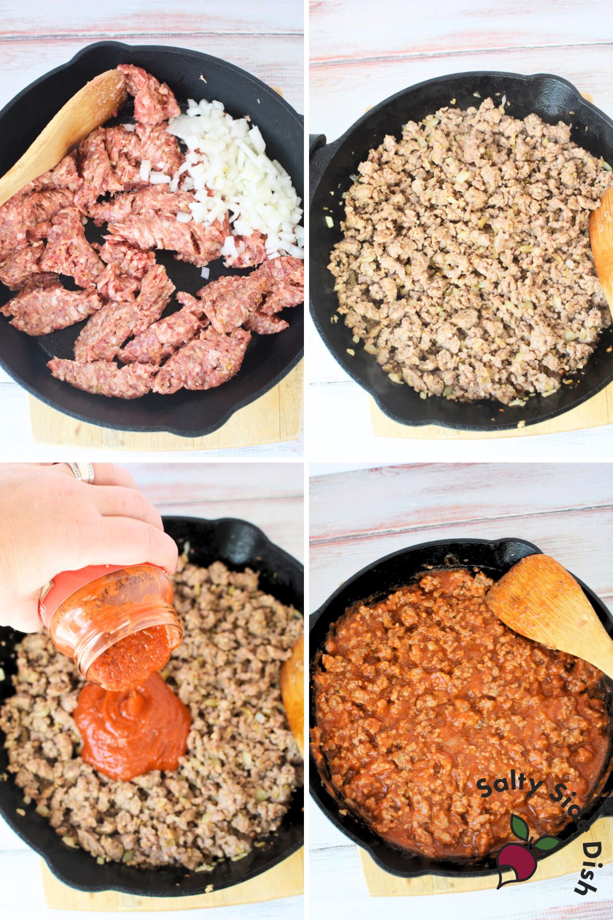 pizza with meat mixture in cast iron pan.