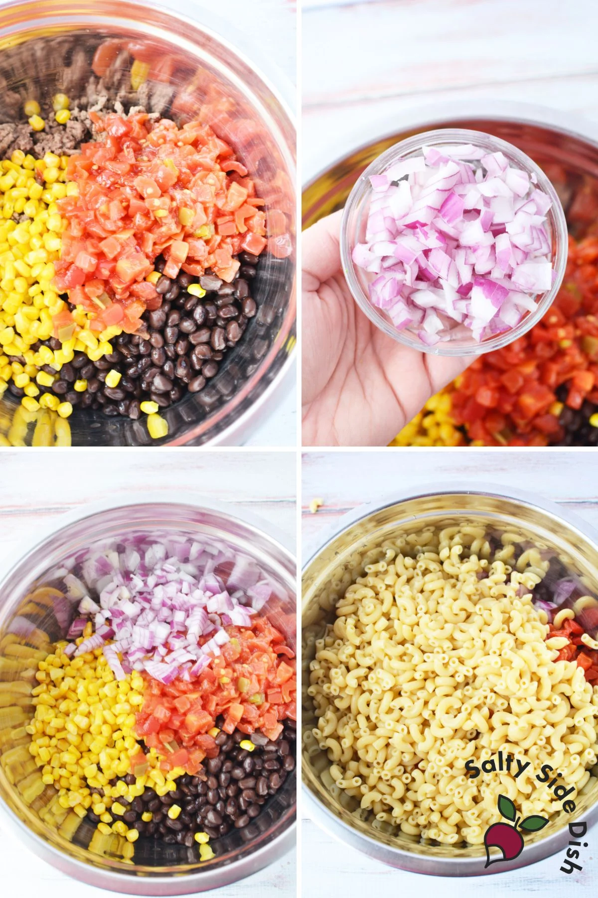 ingredients for cowboy pasta salad being added to a mixing bowl.