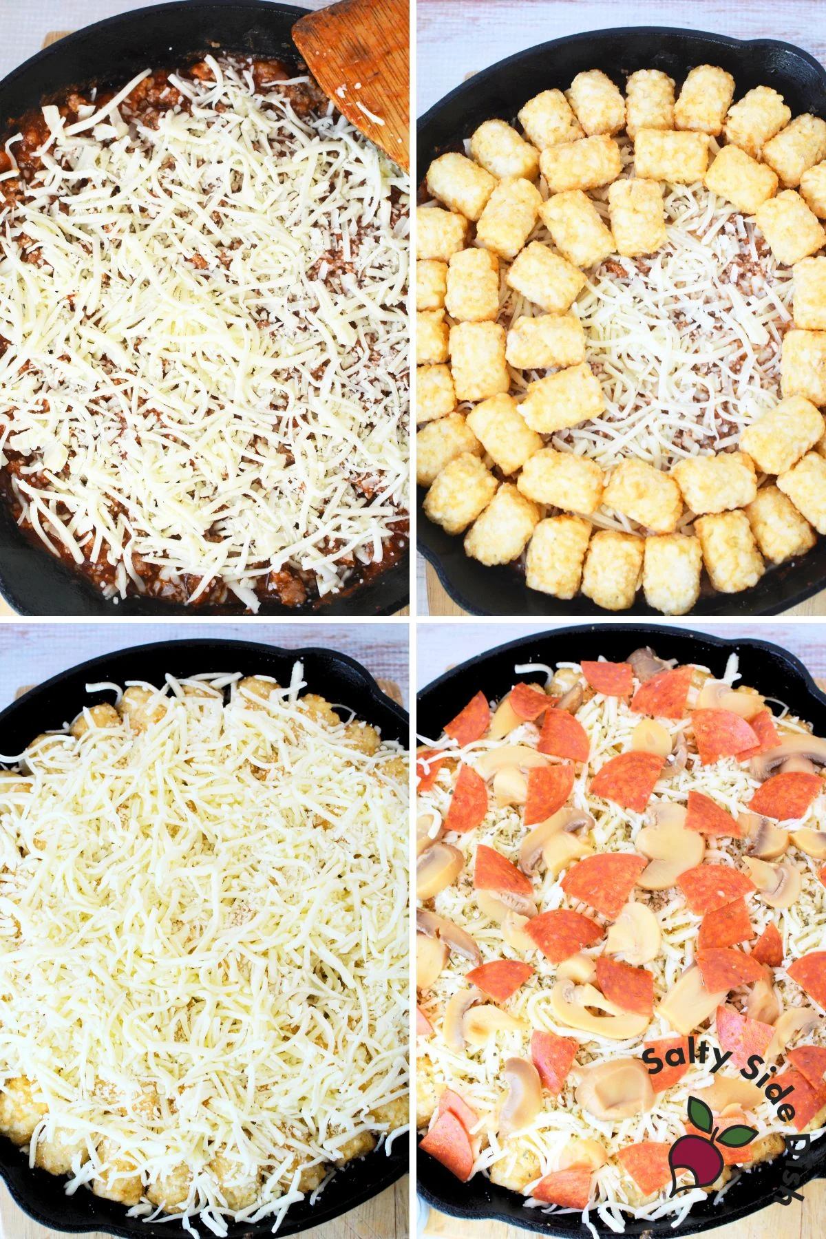layered tater tots, cheese, pepperoni, and mushrooms.