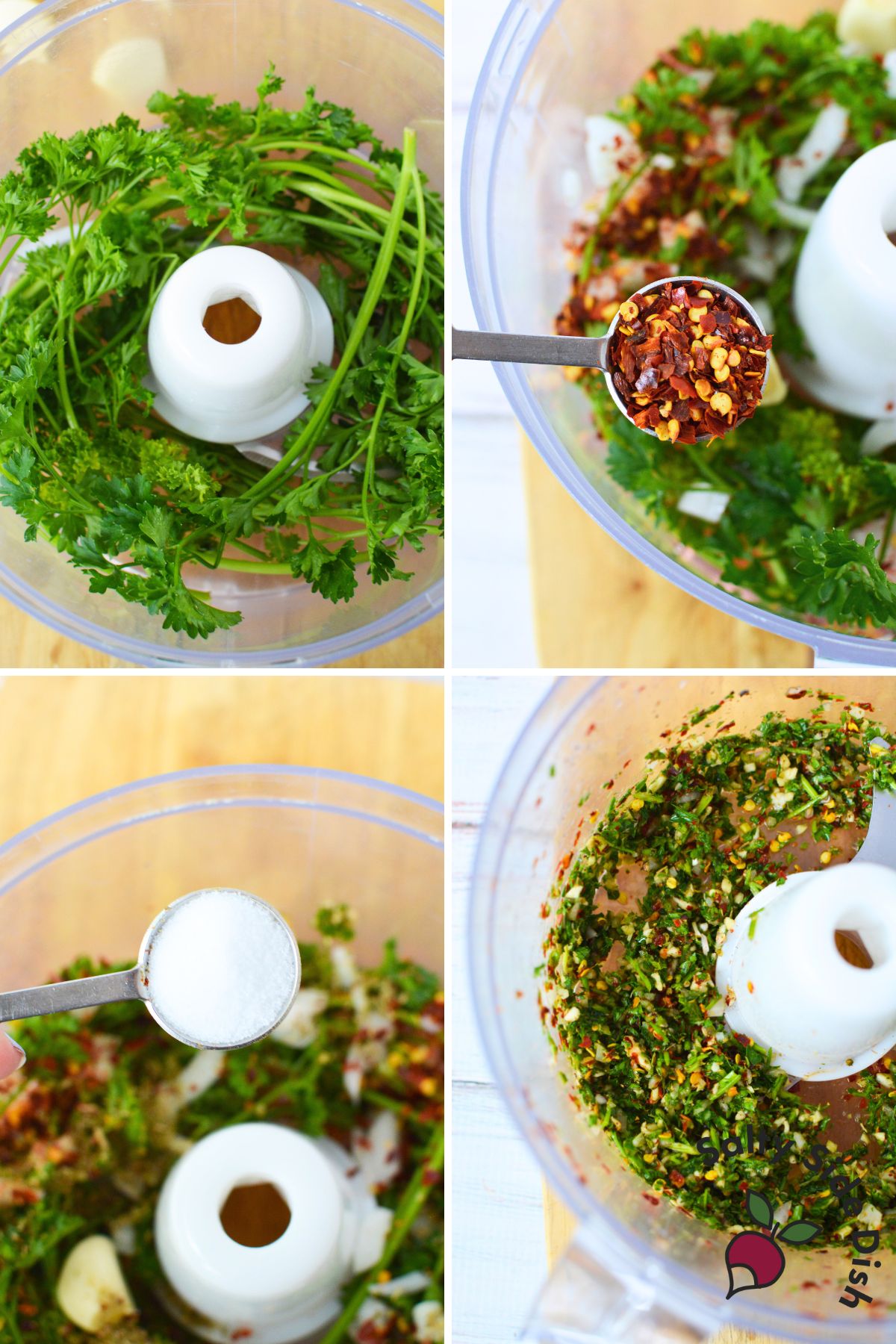 showing how to blend Homemade Chimichurri Sauce.