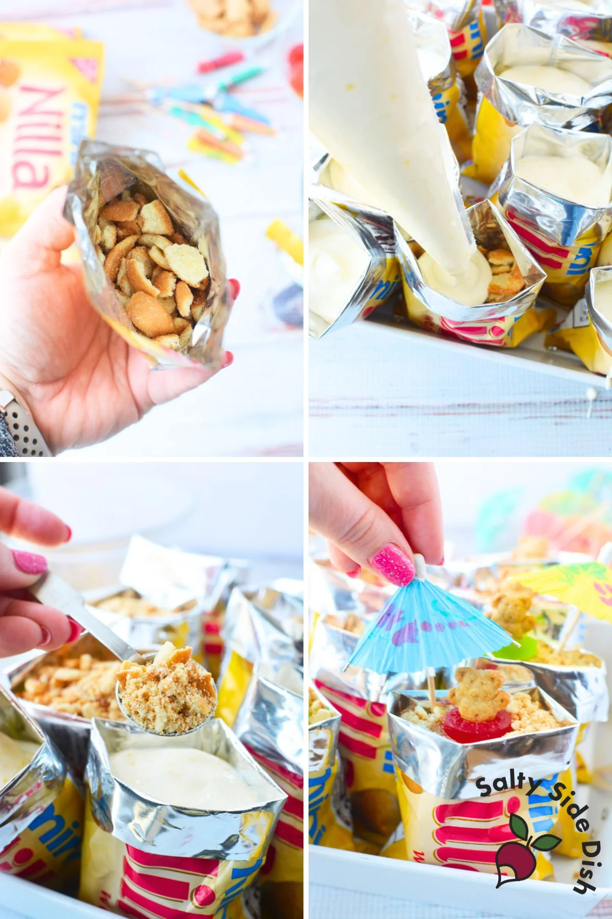 Filling Nilla Wafer bags with pudding for no bake sand pudding dessert
