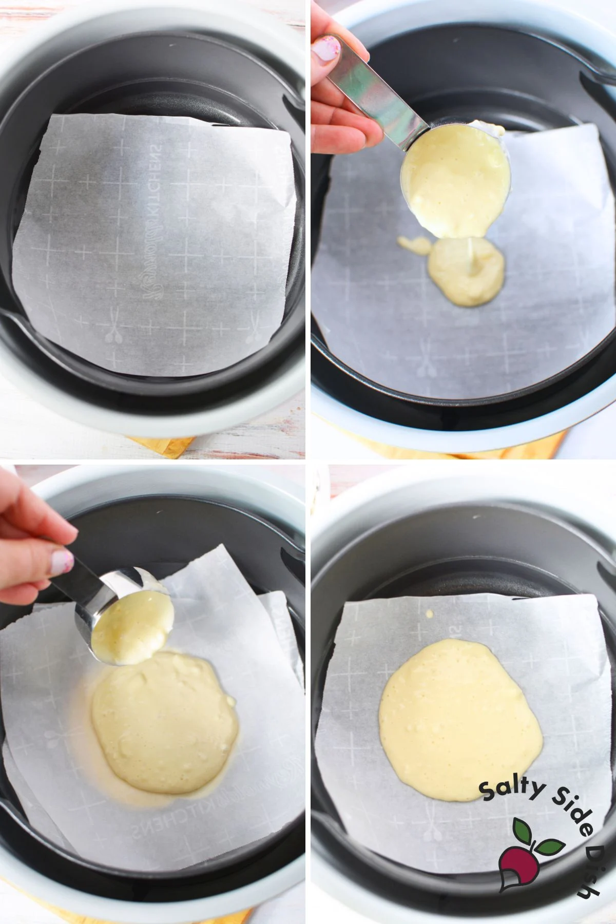 showing how to layer pancake batter in the air fryer ninja foodi with parchment paper.