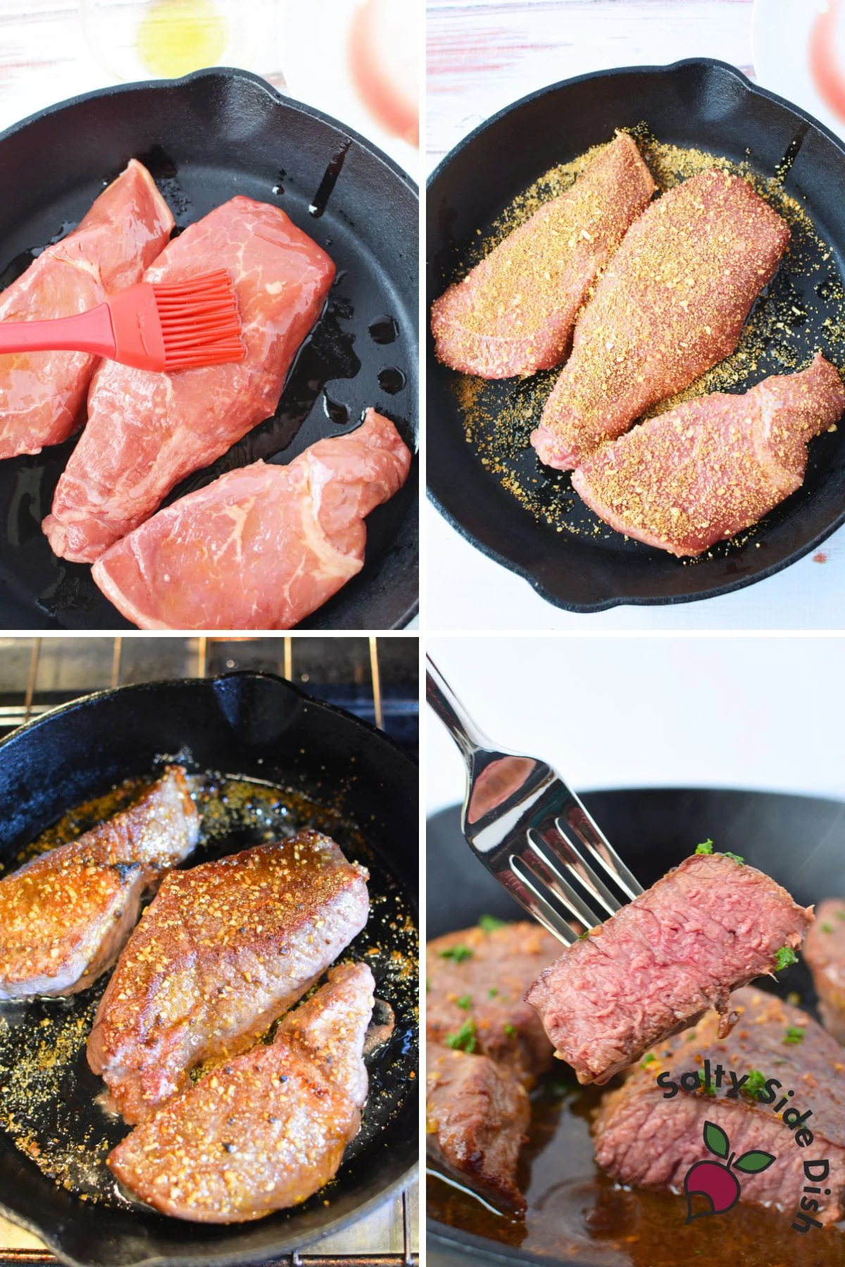 Brushing oil onto raw sirloin steaks in a cast iron pan before broiling. Raw steaks seasoned with Montreal steak seasoning in a black cast iron skillet.