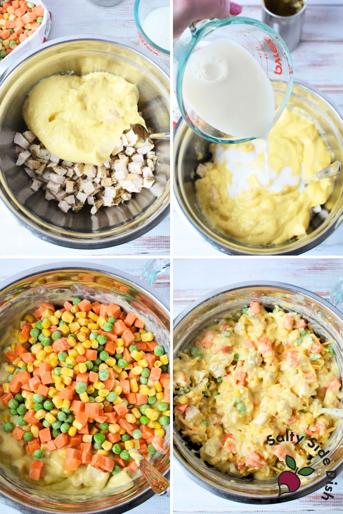 Mixing cream of chicken soup, milk, and diced chicken for chicken pot pie with biscuits.