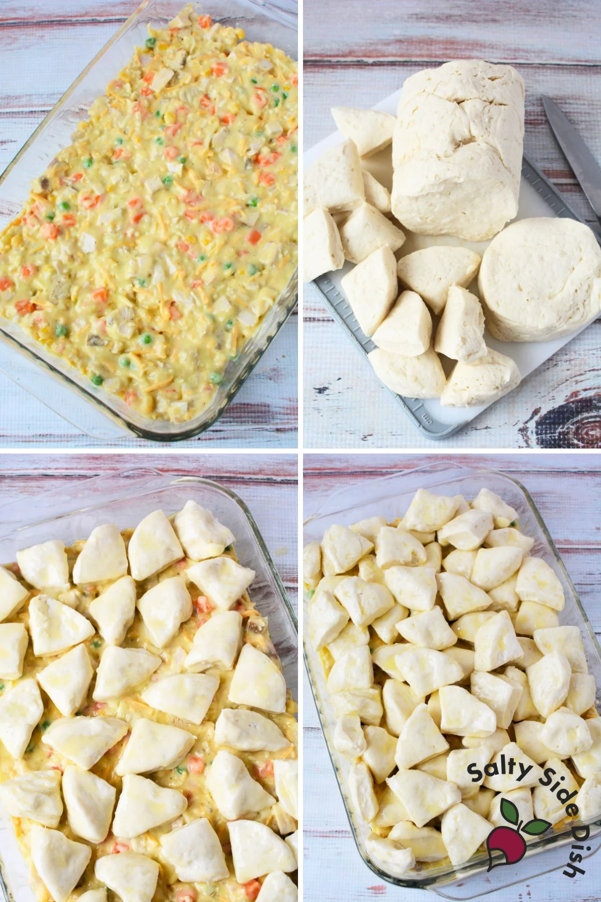 Filling the casserole dish and topping with butter-dipped biscuit pieces.