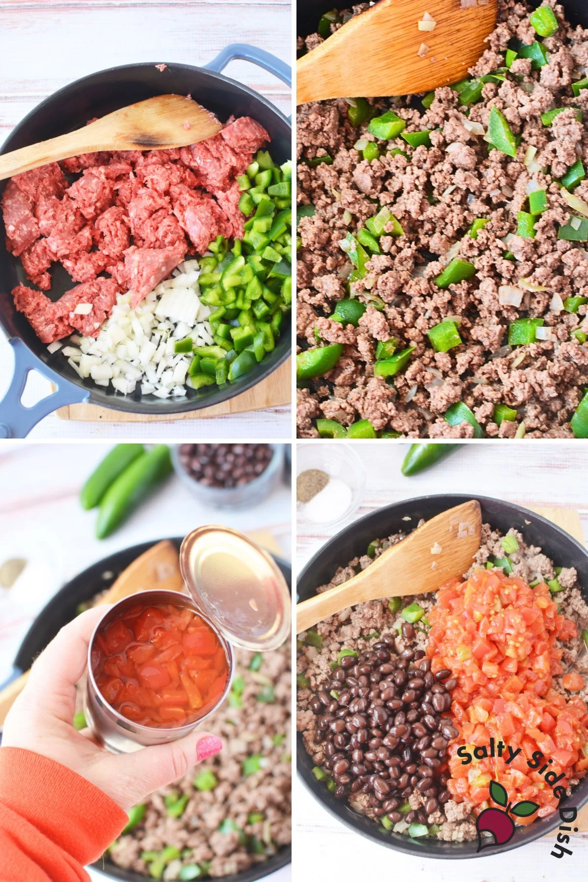 a collage of 4 photos showing cooking the onion, beef, and pepper and then adding beans and rotel.