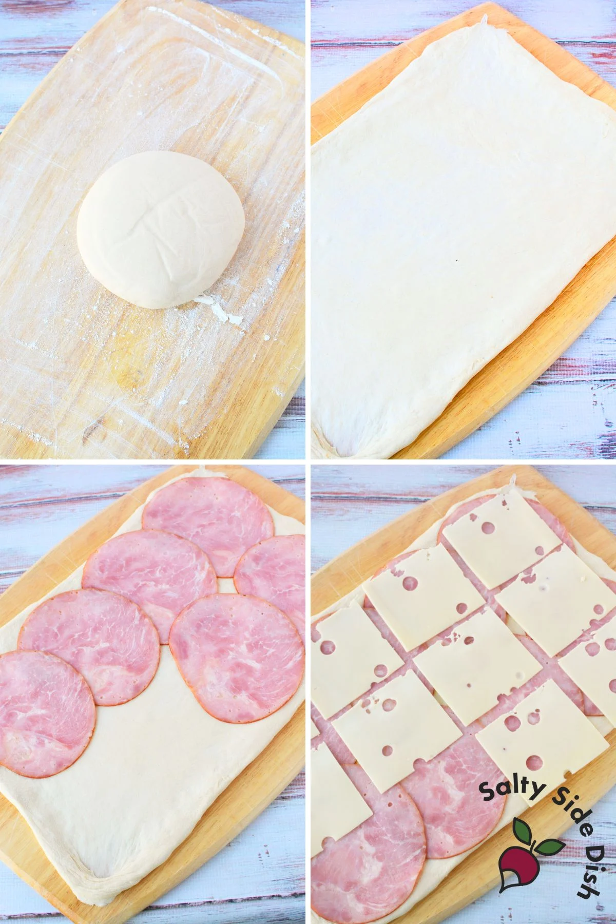 Step-by-step collage showing how to roll pizza dough, slice pinwheels, mix glaze, and brush over rolls