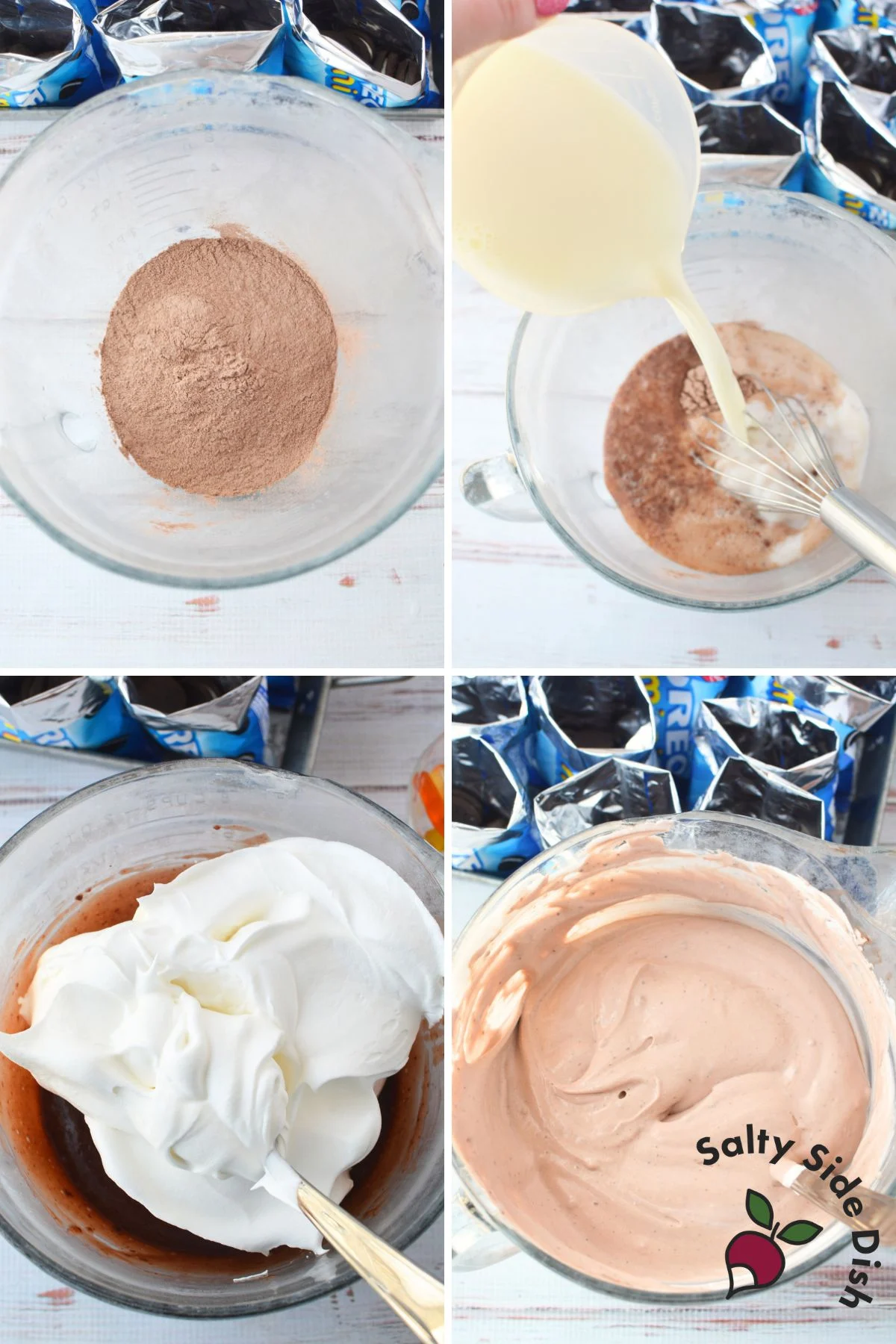 Step-by-step collage showing how to make dirt dessert filling with pudding, milk, and whipped topping.