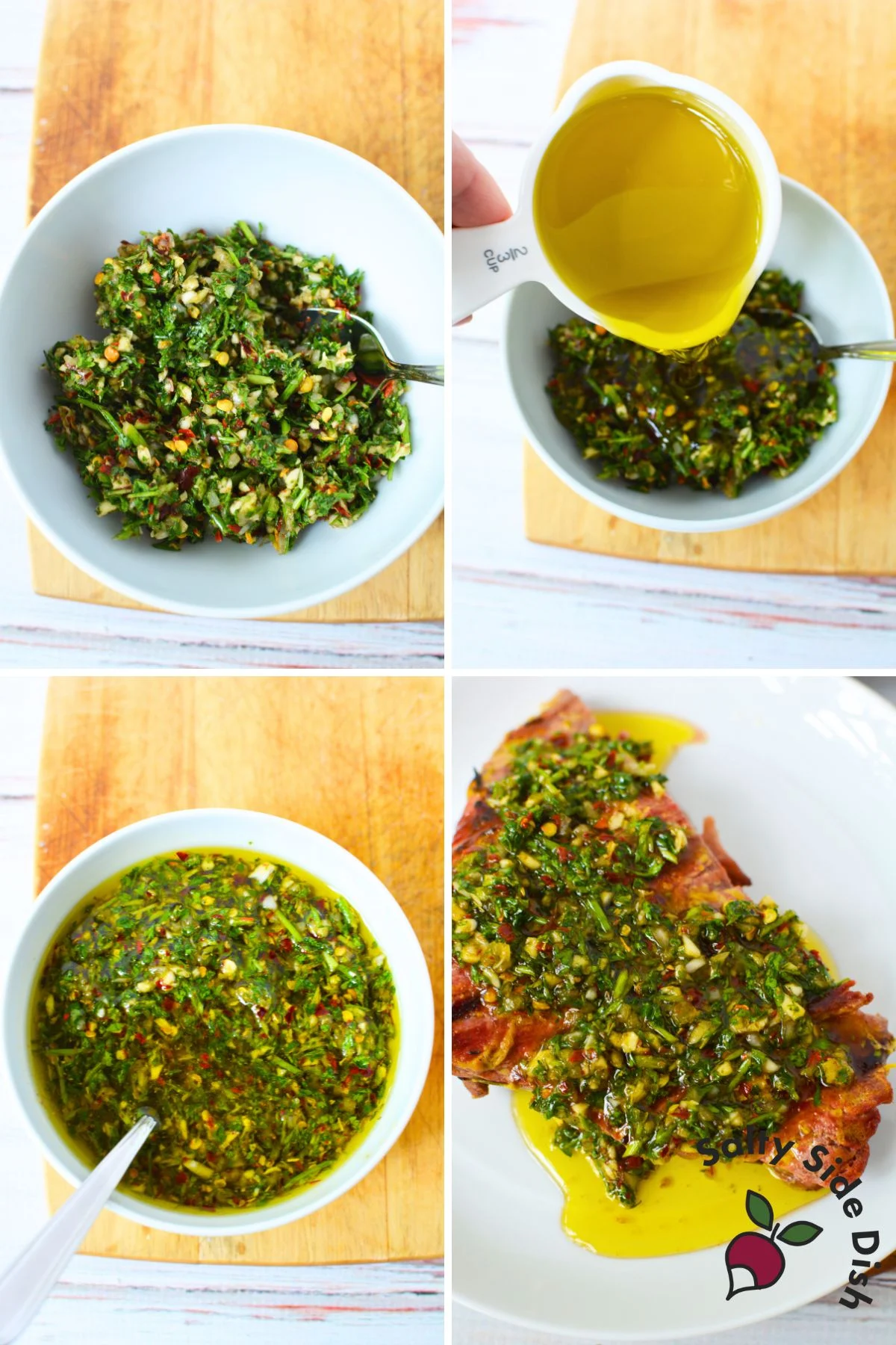 adding olive oil to the homemade sauce.