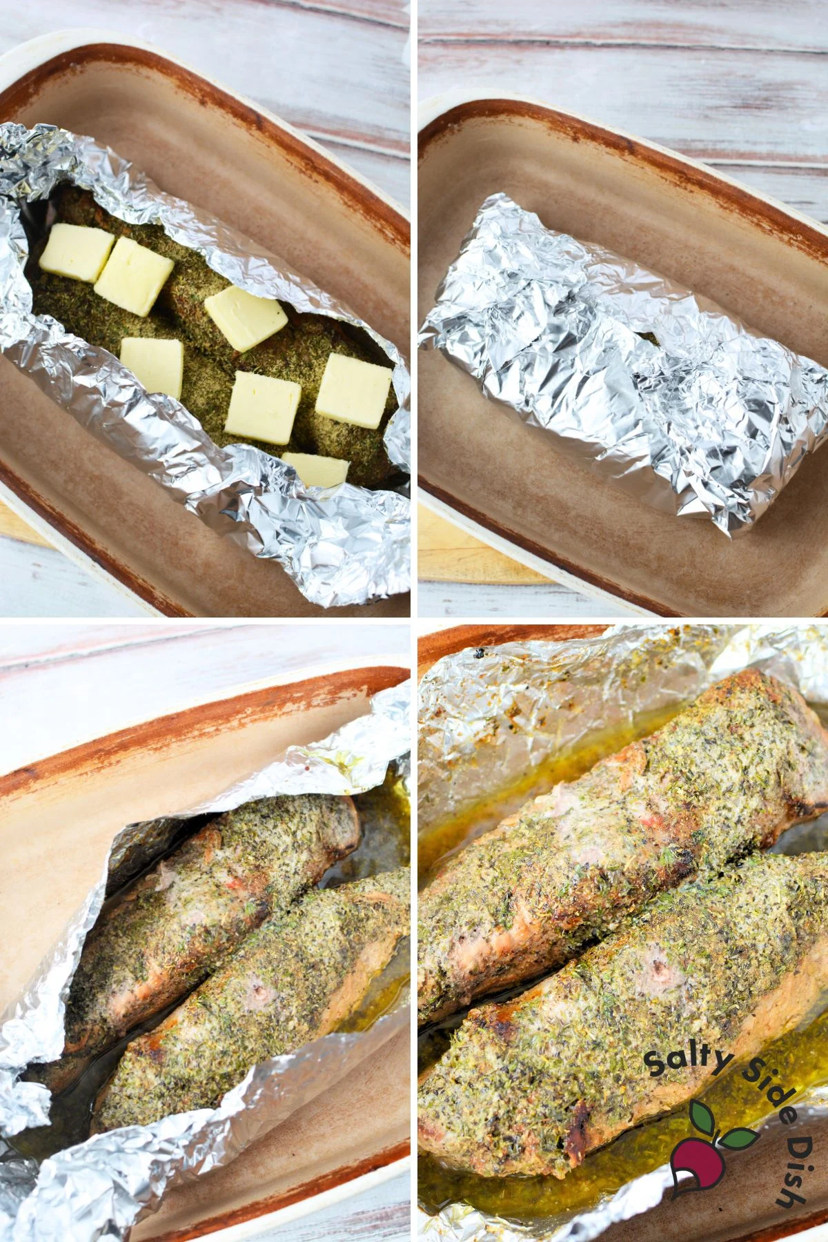 Pork tenderloin seasoned with herbs and topped with butter before baking in foil.