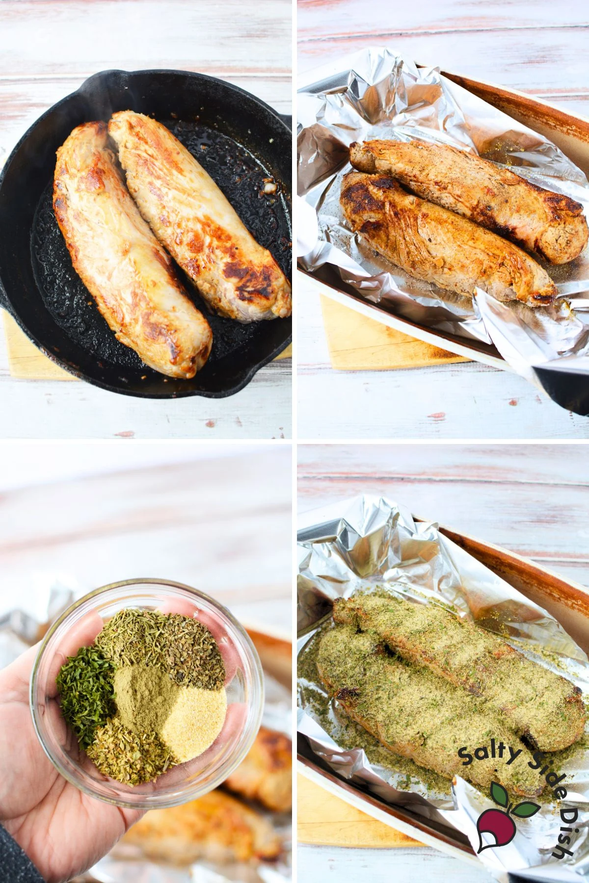 Searing pork tenderloin in a cast iron skillet and preparing it with foil for baking.