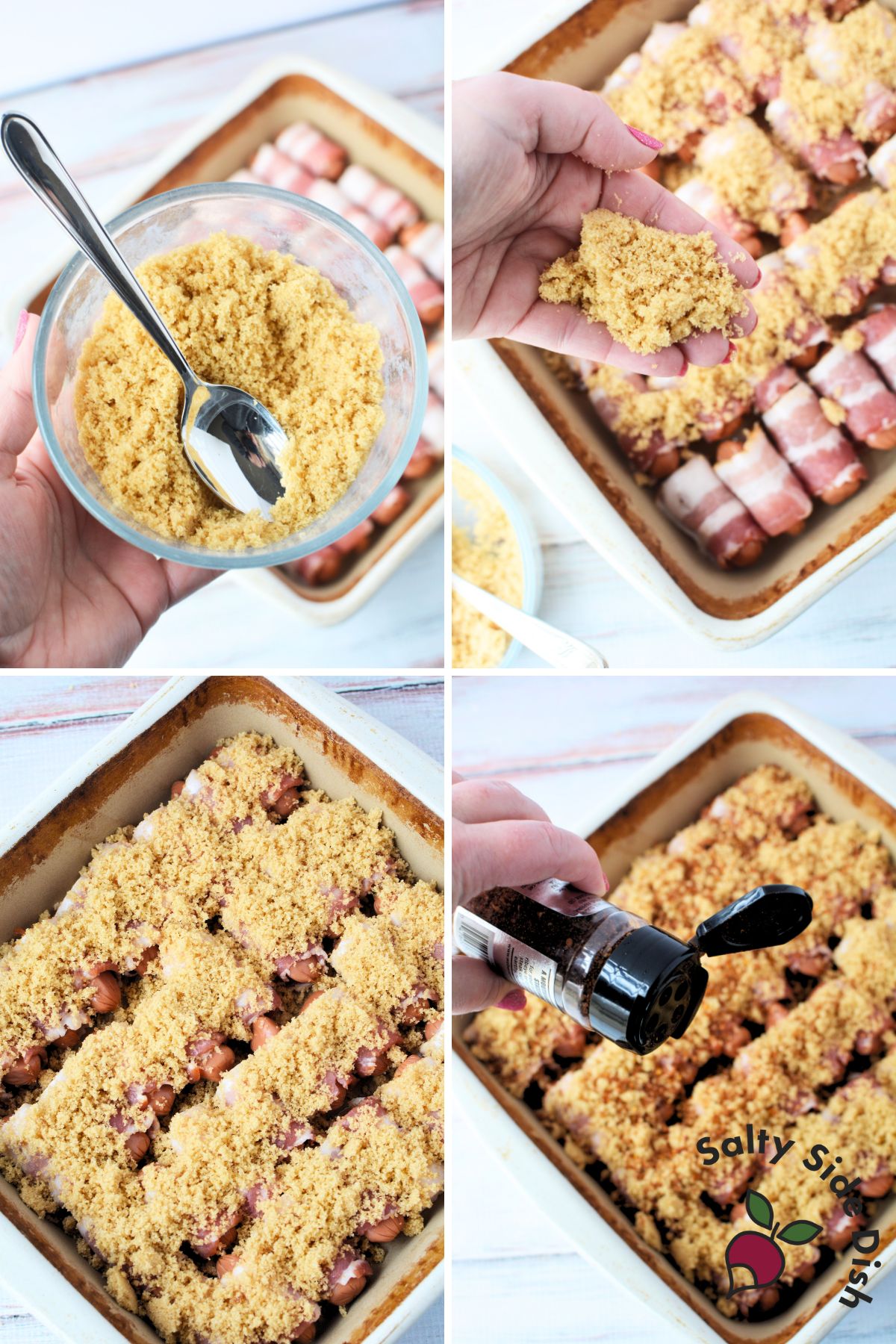 Bacon-wrapped Li’l Smokies arranged in rows inside a baking dish.