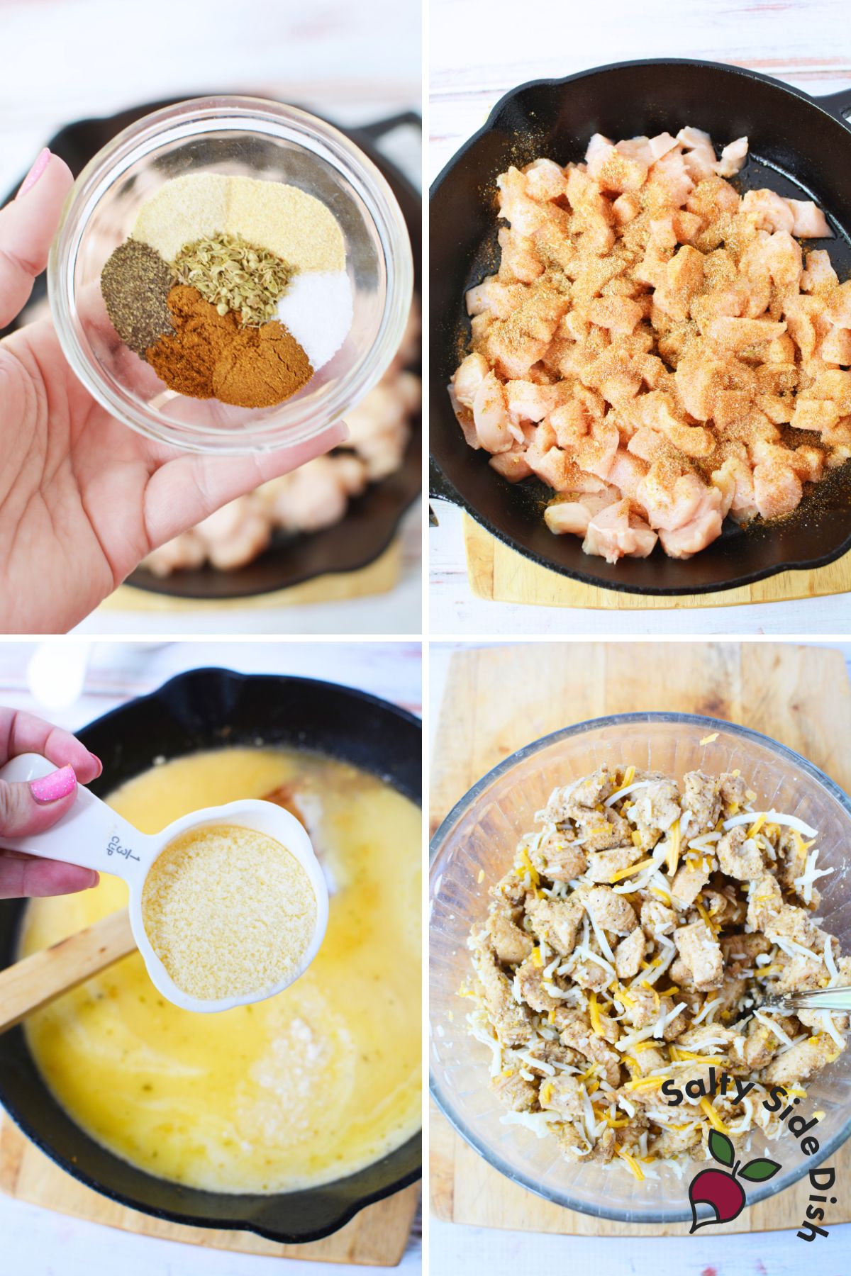 Step-by-step photo collage showing how to make chicken Alfredo stuffed shells with seasoning mix, cooked chicken, cheese, and creamy sauce.