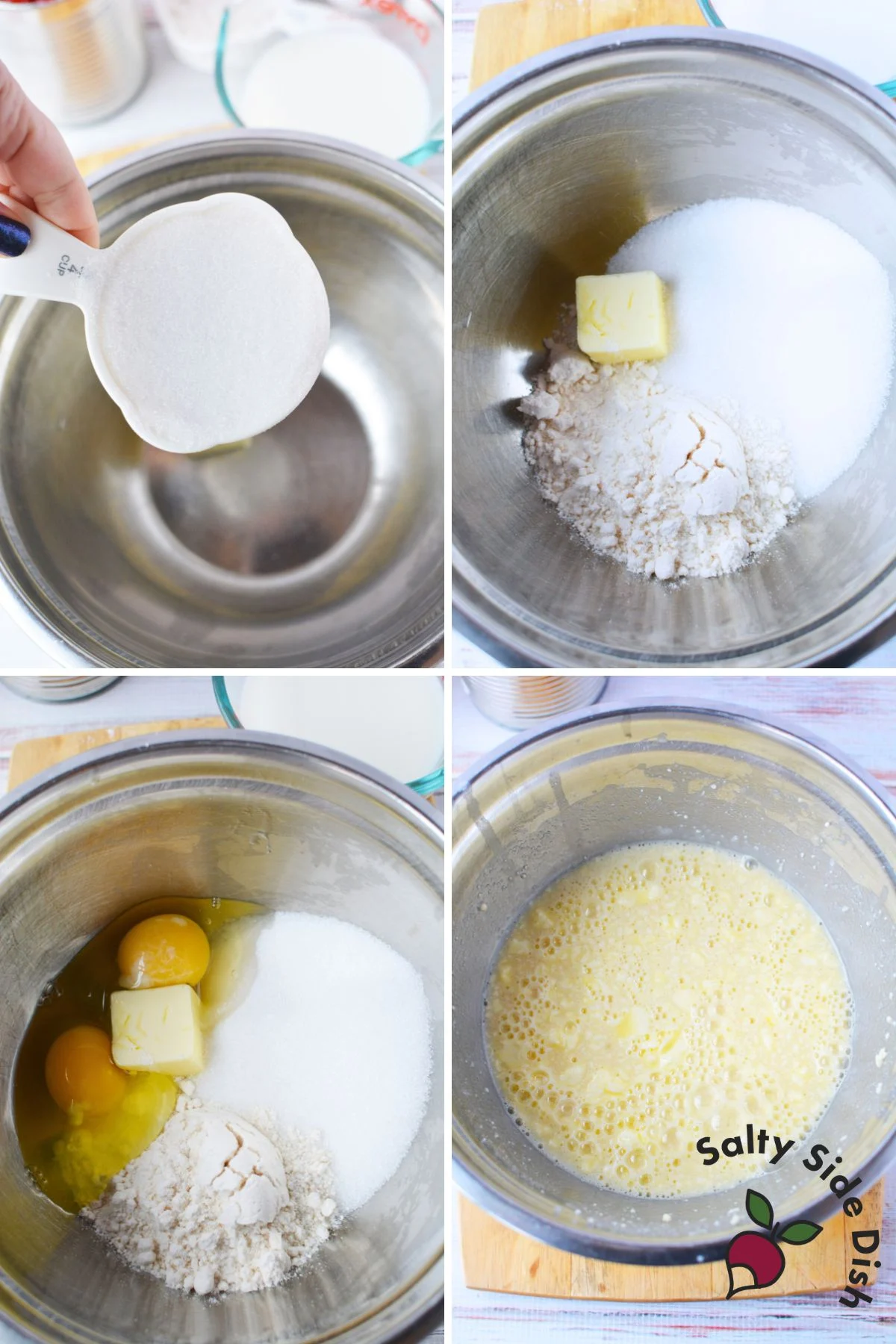Collage showing step-by-step of combining Bisquick, sugar, eggs, and butter for cherry pie batter.