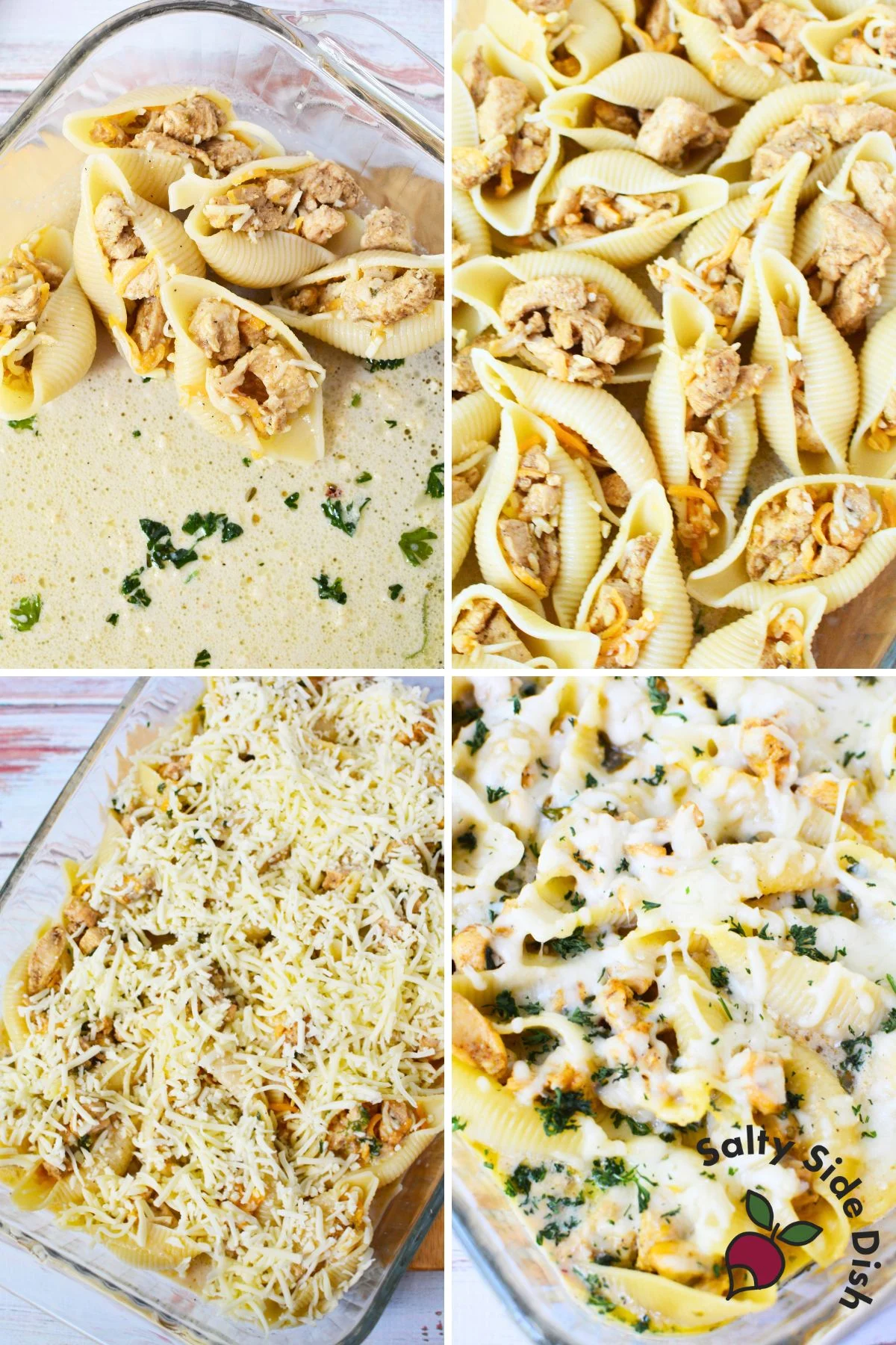 Process collage showing how to stuff pasta shells with chicken and cheese, layer them in Alfredo sauce, and top with shredded cheese before baking.