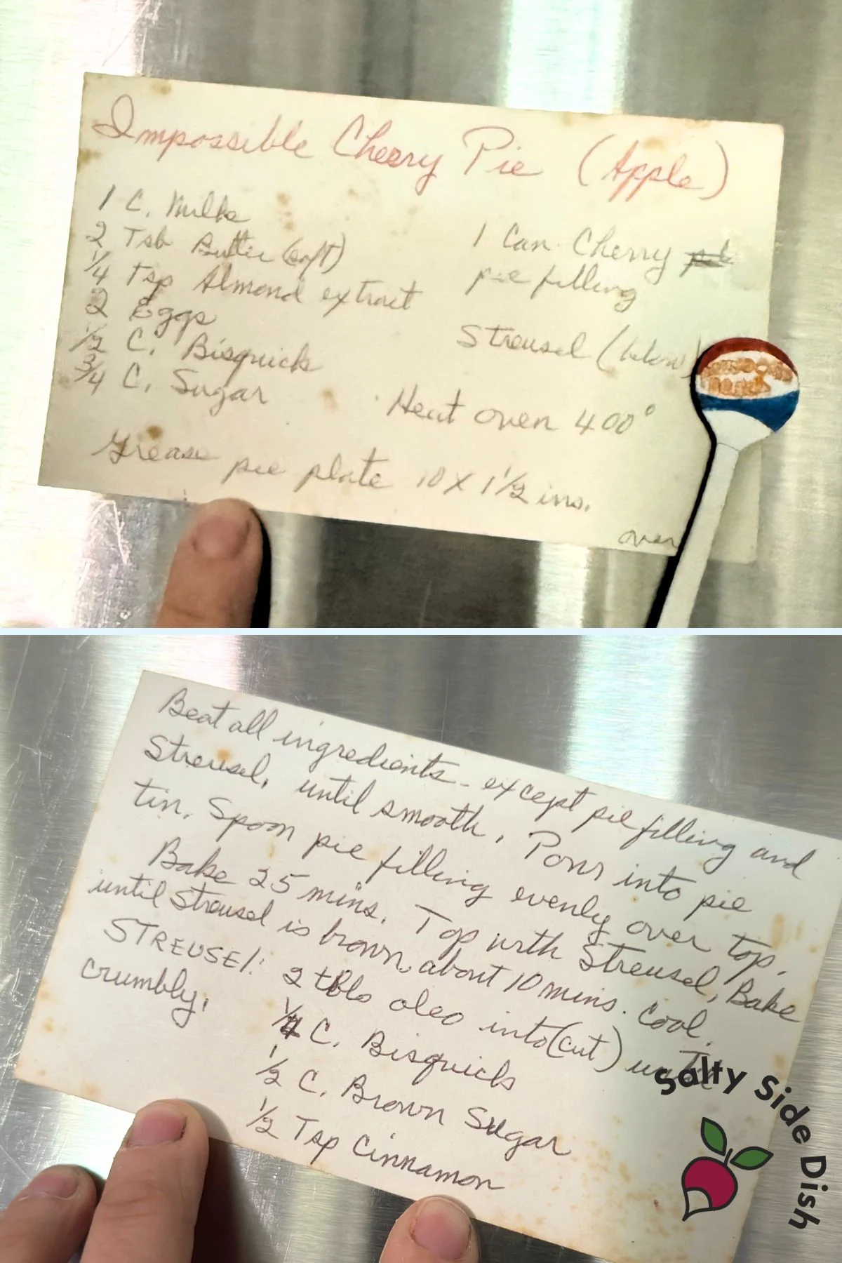 Vintage handwritten recipe card for cherry impossible pie passed down through generations