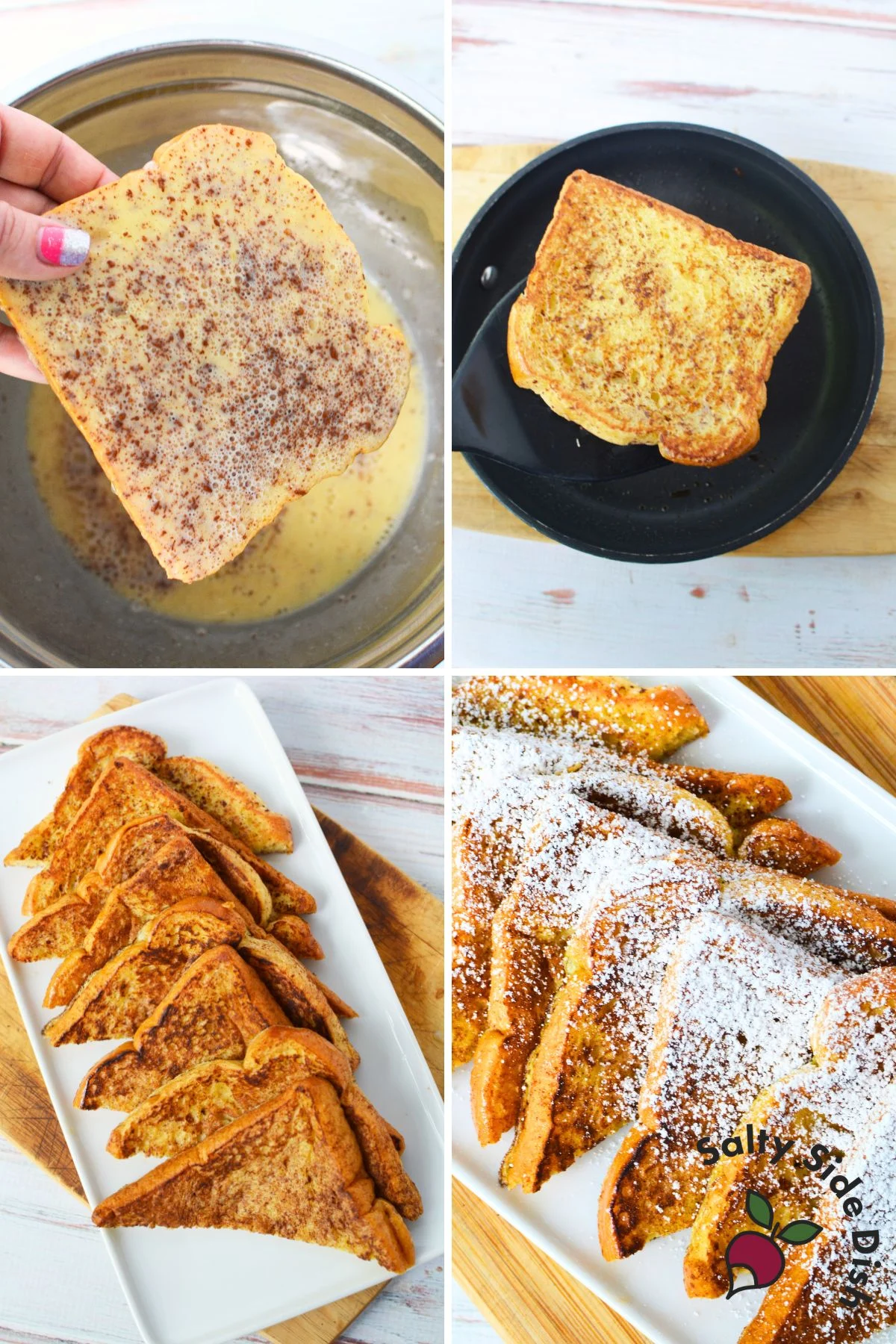 Step-by-step photos showing how to dip brioche bread in egg mixture and cook French toast to golden brown perfection.