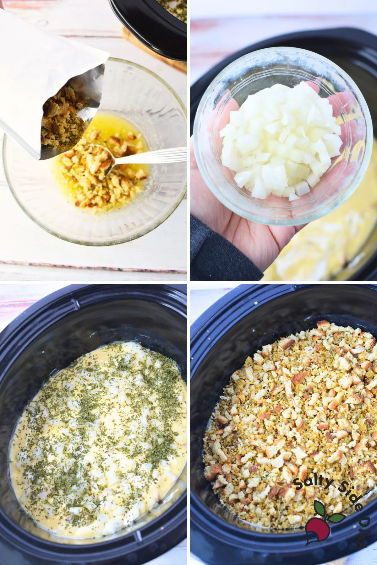Step-by-step of preparing crockpot chicken and dressing with boxed stuffing mix, diced onion, and melted butter