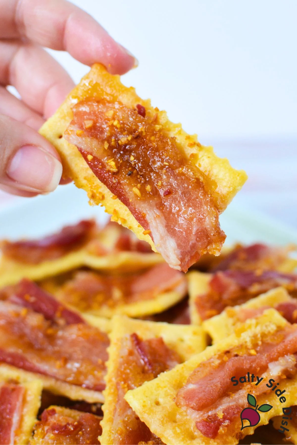 Hand holding a finished bacon cracker topped with caramelized brown sugar, perfect for party snacks