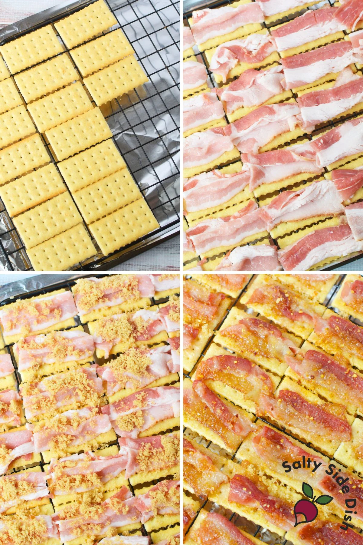 Process collage showing how to make bacon crackers with brown sugar, including layering crackers, bacon, sugar, and baking