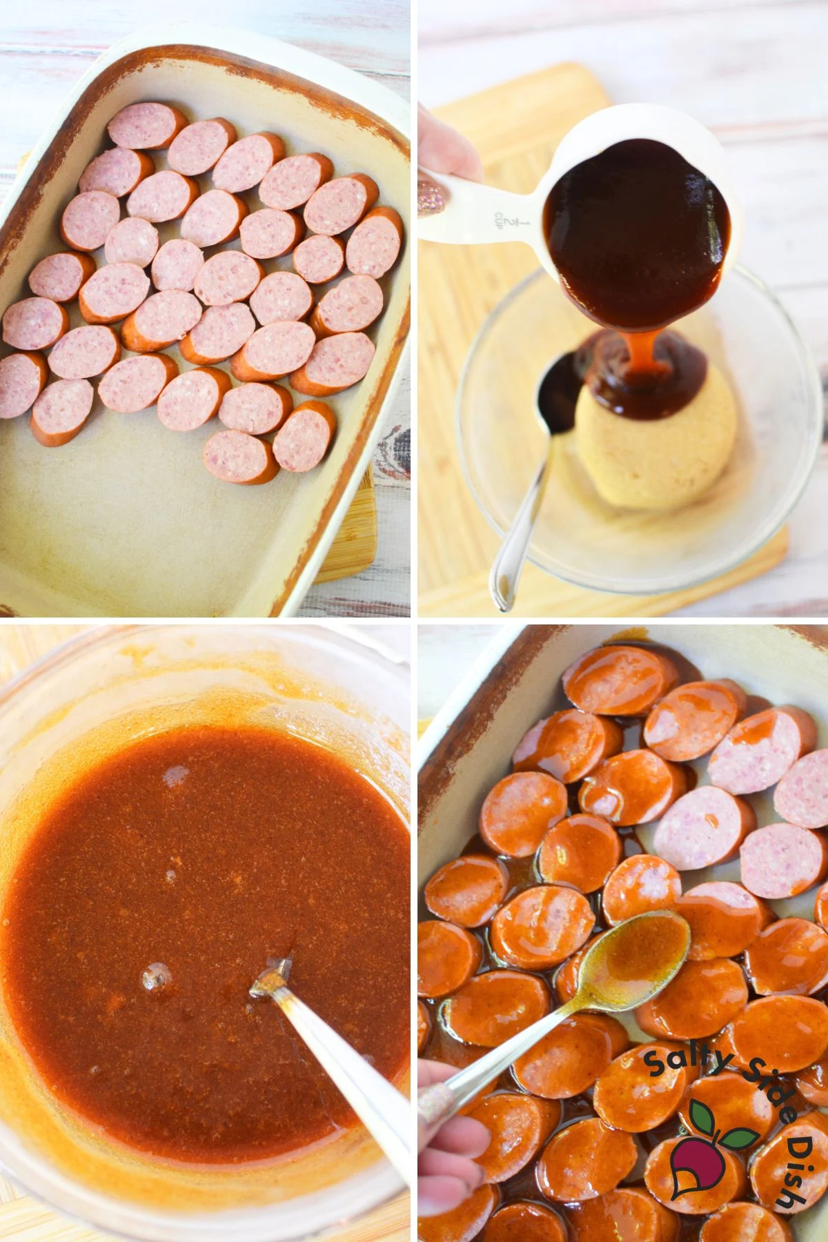 Closeup of oven-baked sausage rounds covered in sticky barbecue and brown sugar glaze