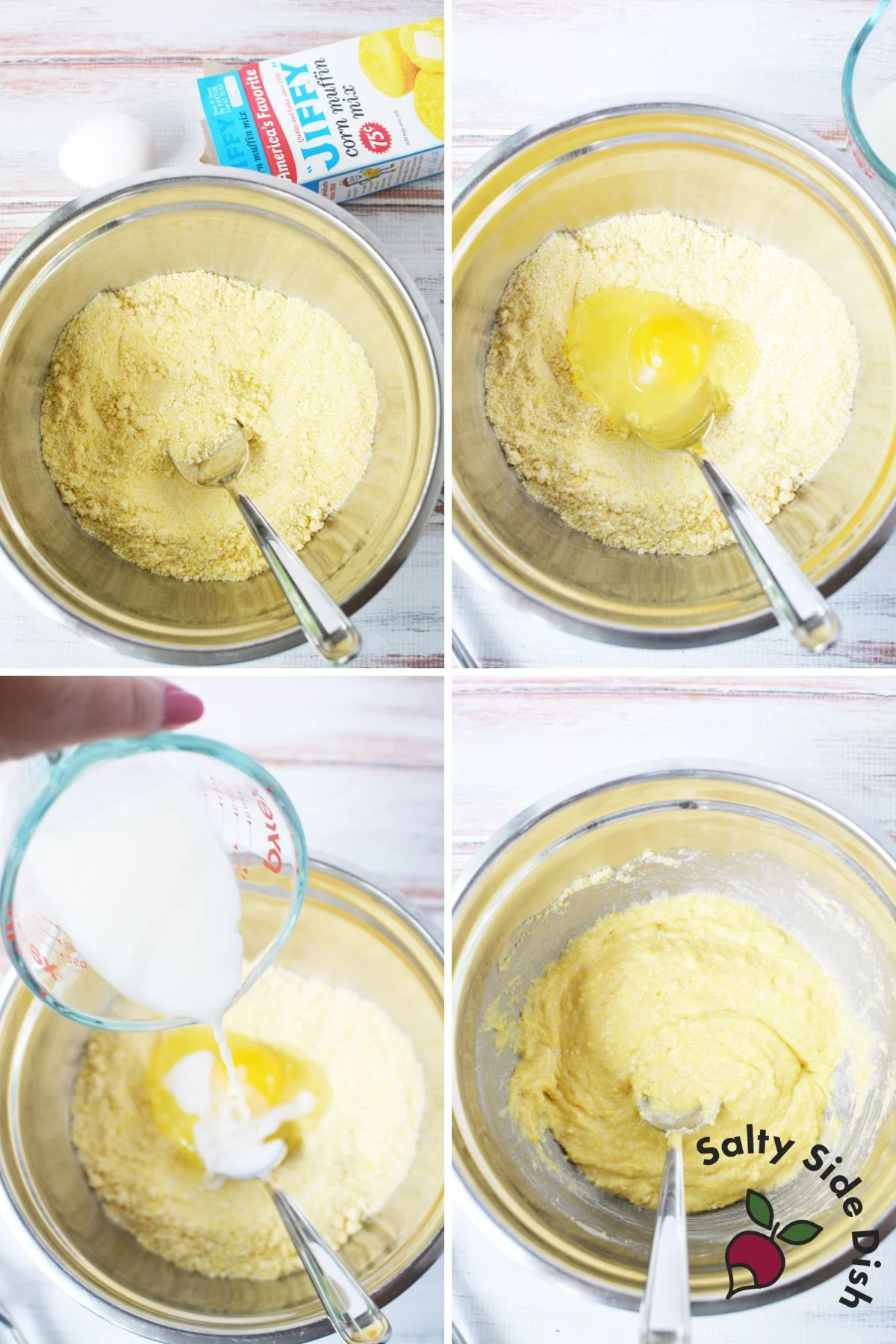 Step-by-step photos showing how to mix Jiffy corn muffin mix with egg and milk in a metal bowl for mini corn dog muffins