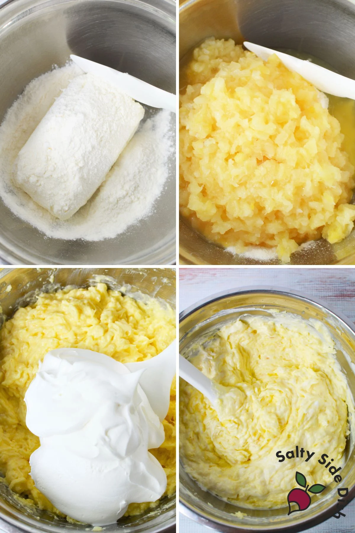 Step-by-step collage showing how to make pineapple cream cheese dip with pudding, crushed pineapple, and whipped topping