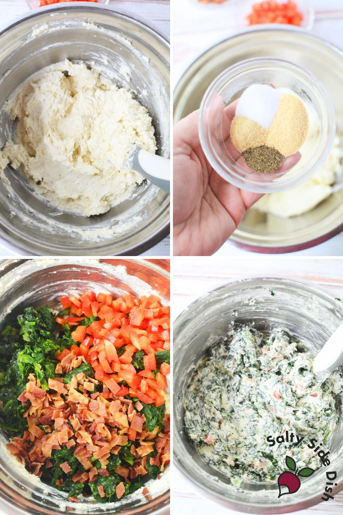 Chopped spinach, diced red pepper, and bacon added to cream cheese mixture for tortilla roll ups