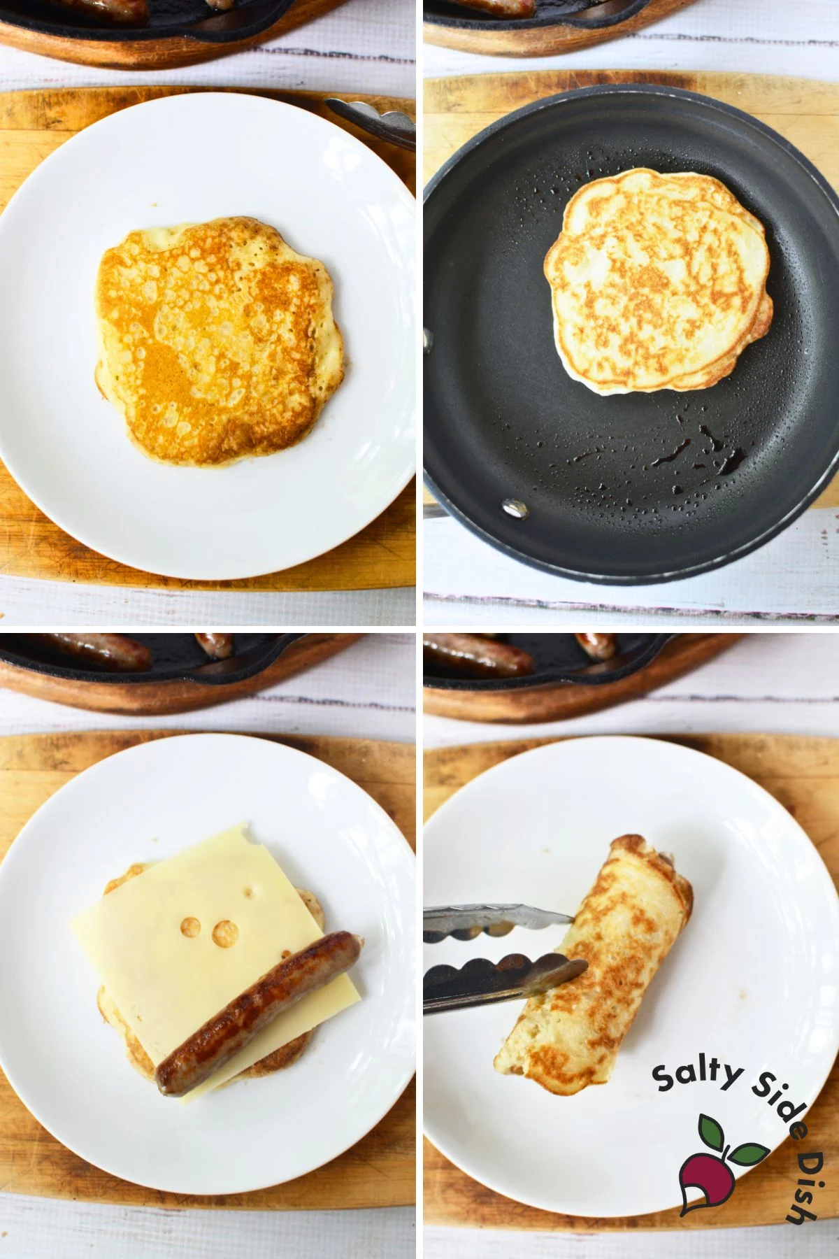 Step-by-step photo collage showing how to make pancake-wrapped sausage breakfast pigs in a blanket with cheese.