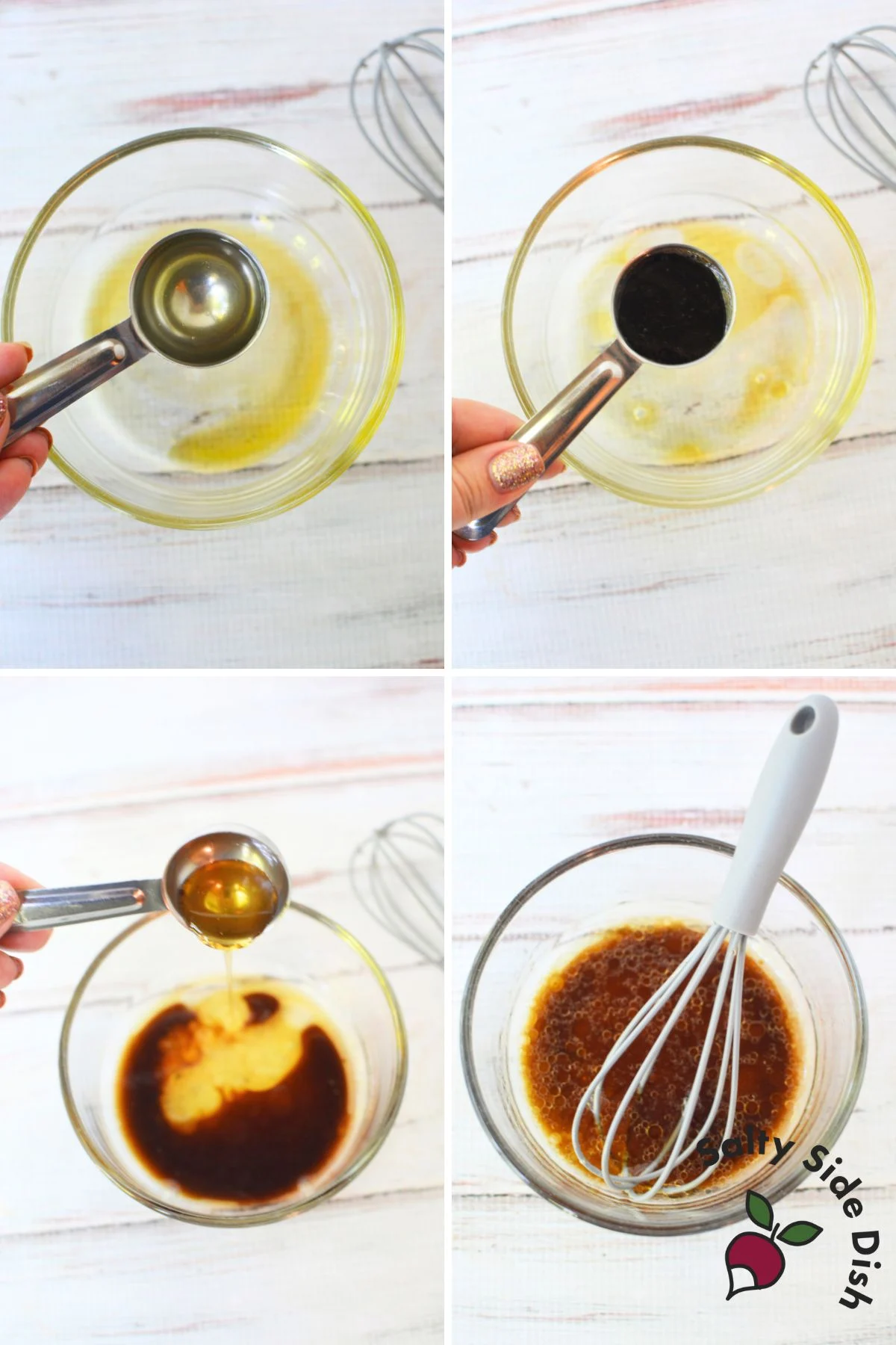 Step-by-step images of measuring and mixing sesame-soy dressing for TikTok viral carrot salad