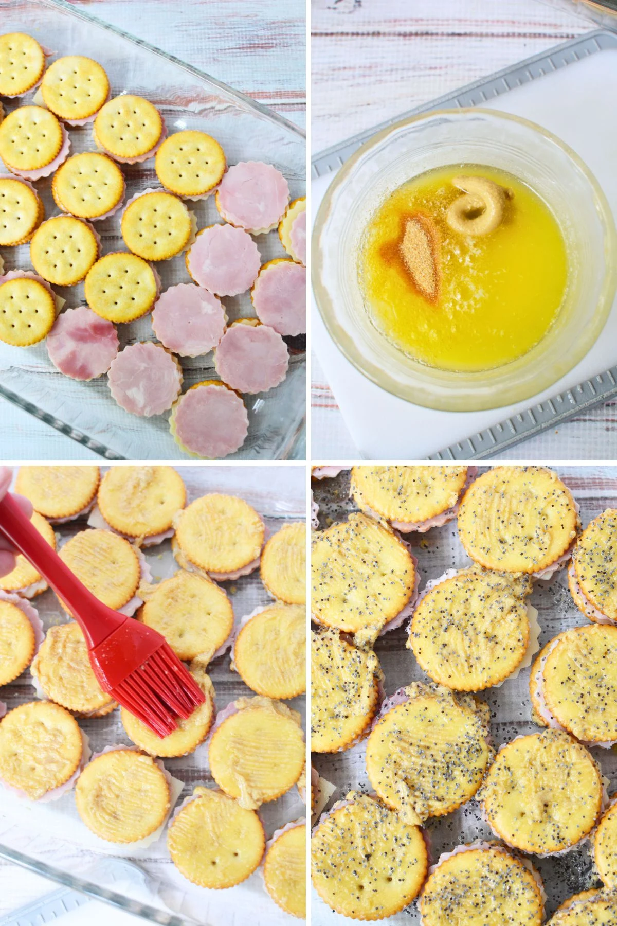 How to assemble baked Ritz cracker party sandwiches with Dijon butter and poppy seeds.