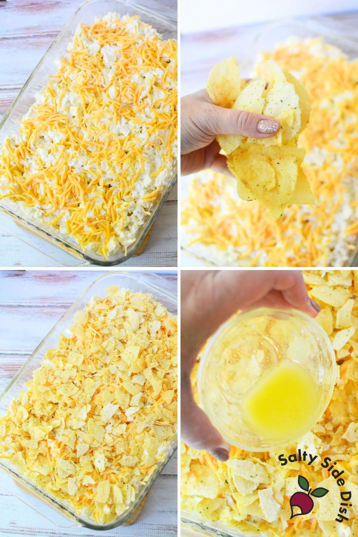 Step-by-step collage showing cheddar topping, crushed sour cream and onion chips, and melted butter added to potato casserole.