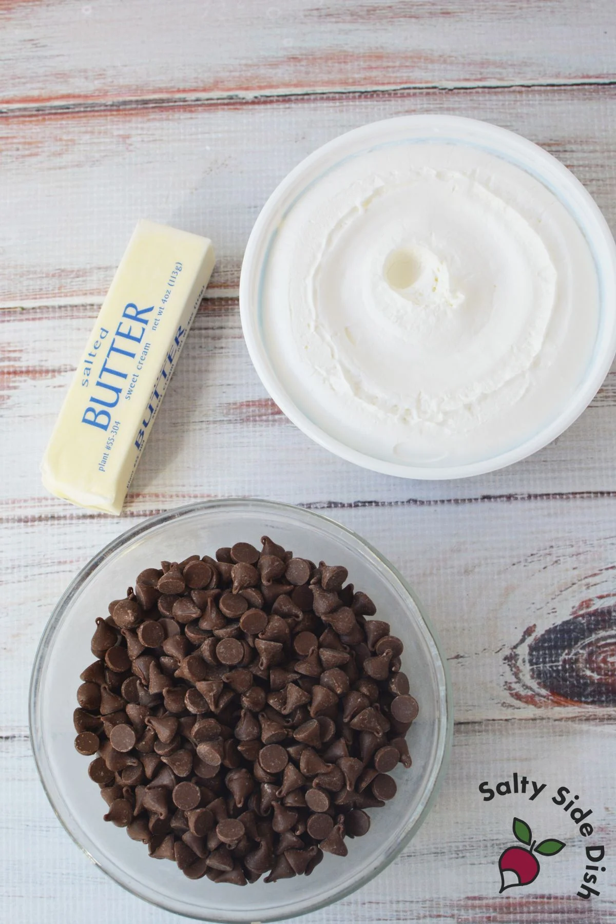 3 ingredient cool whip candy recipe ingredients with butter, chocolate chips, and whipped topping for Christmas candy making