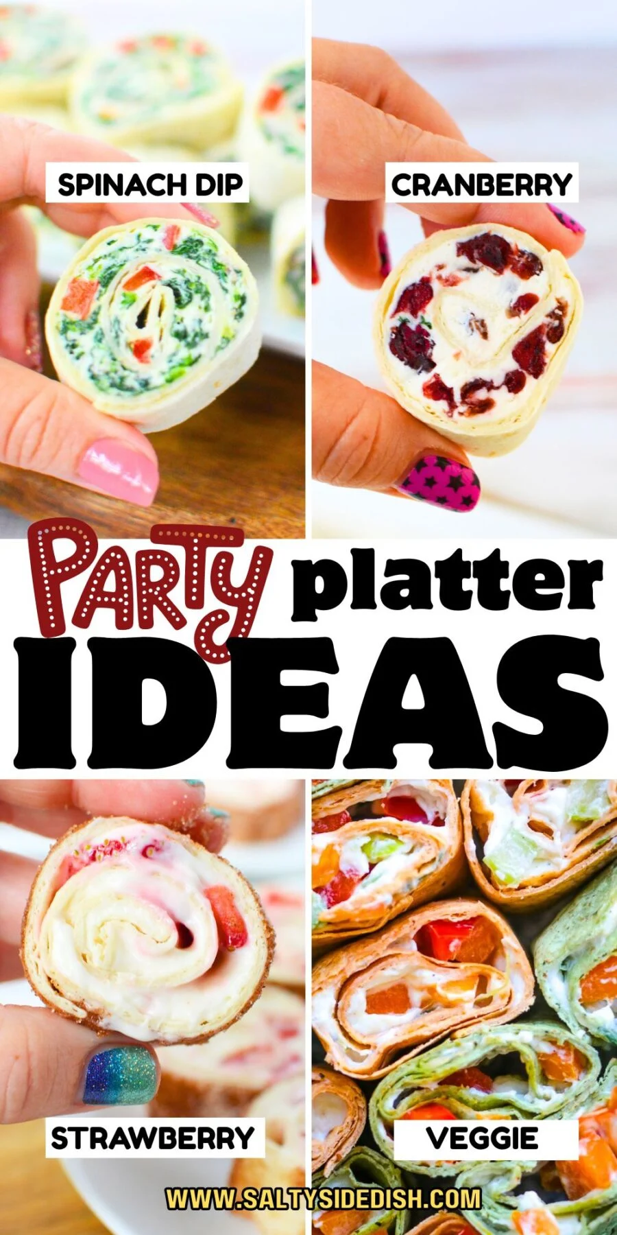 Pinwheel party platter ideas with four kinds of tortilla ideas.