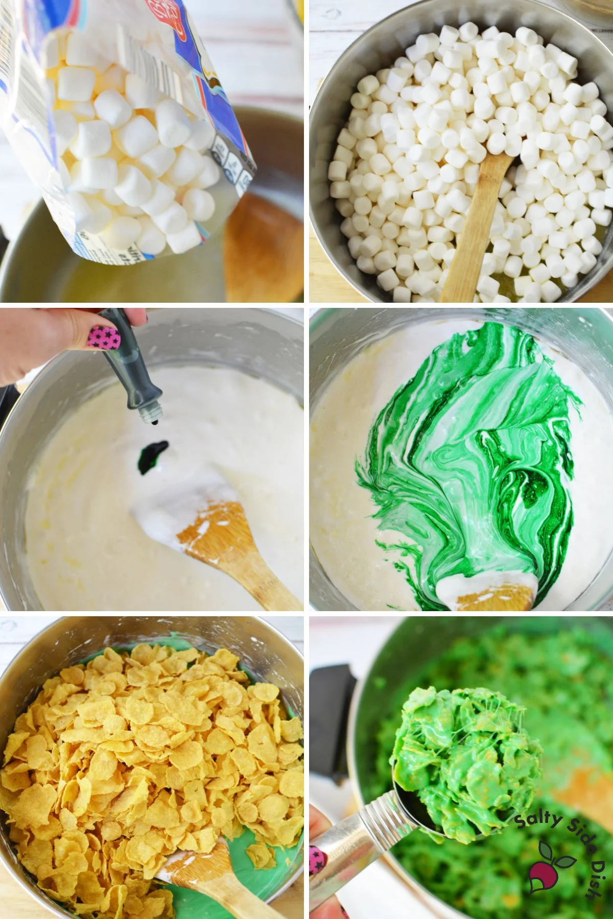Mini marshmallows being poured into a pot with melted butter for making cornflake Christmas wreath cookies.