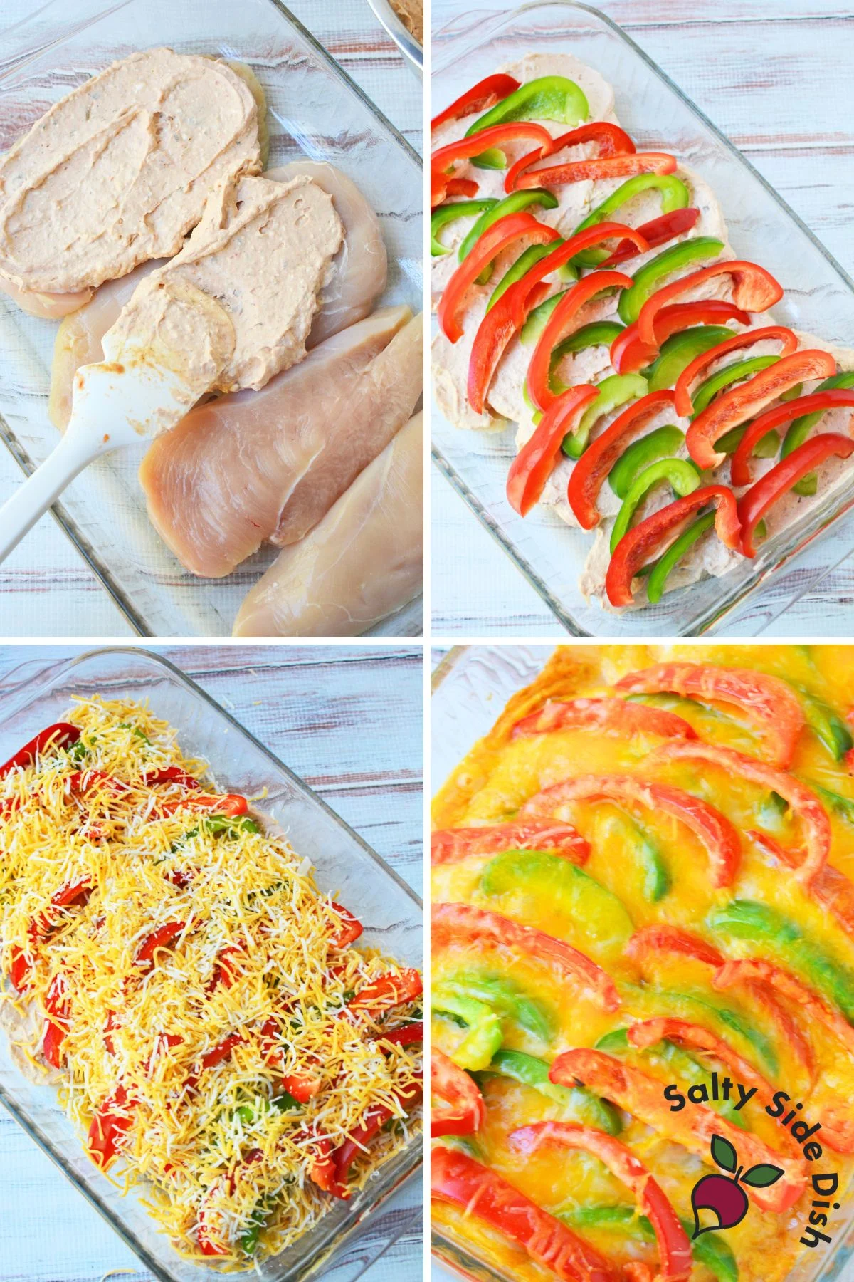 Step by step process of making chicken fajita bake with cream cheese, peppers, shredded cheese, and chicken breasts