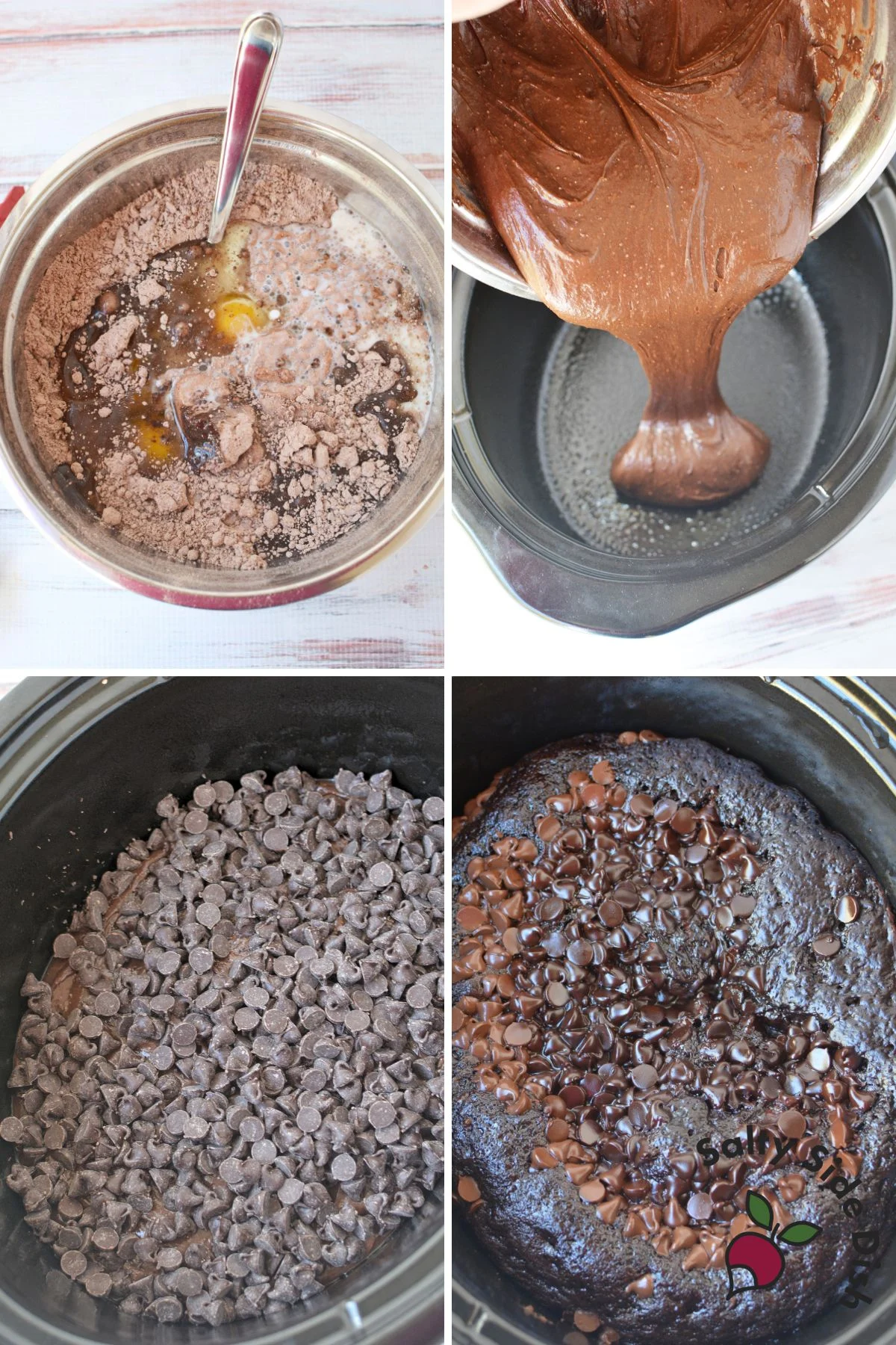 Step by step making crockpot lava cake with cake mix and chocolate chips