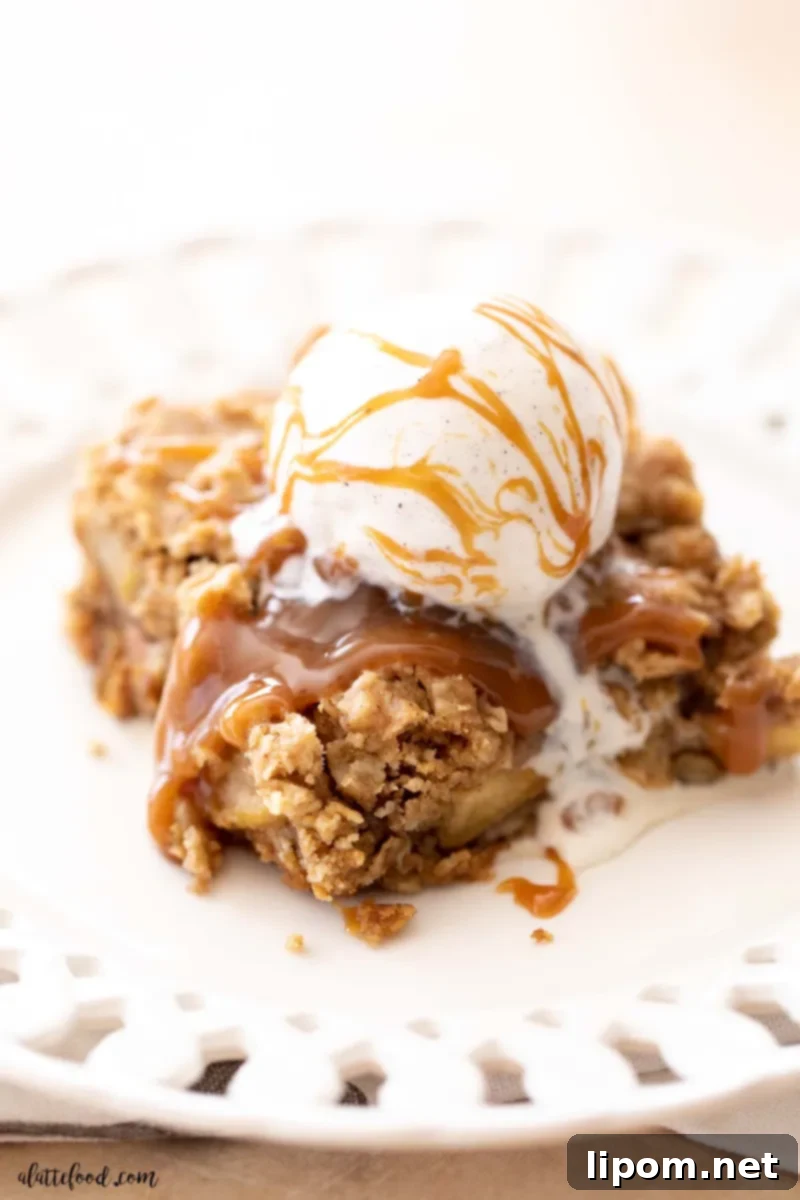 Salted Caramel Apple Crumb Bar Delight Salted caramel apple crumb bar with vanilla ice cream and an extra caramel drizzle on a white plate, highlighting the brown sugar streusel and cinnamon apple filling.