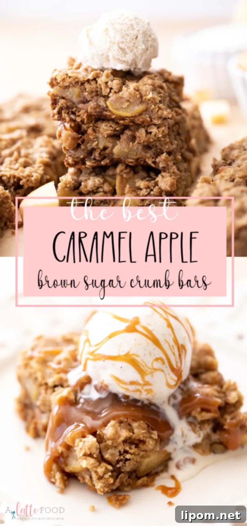 Irresistible Salted Caramel Apple Crumb Bars Salted caramel apple crumb bar with ice cream and extra caramel drizzle on a white plate, showcasing the brown sugar streusel and cinnamon apple filling with enticing text.