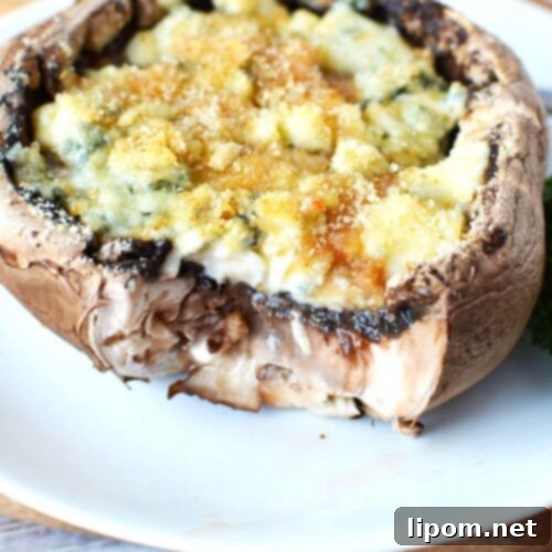 Decadent Blue Cheese Stuffed Portobello Mushrooms 3 Blue Cheese Stuffed Portobello Mushrooms on a plate